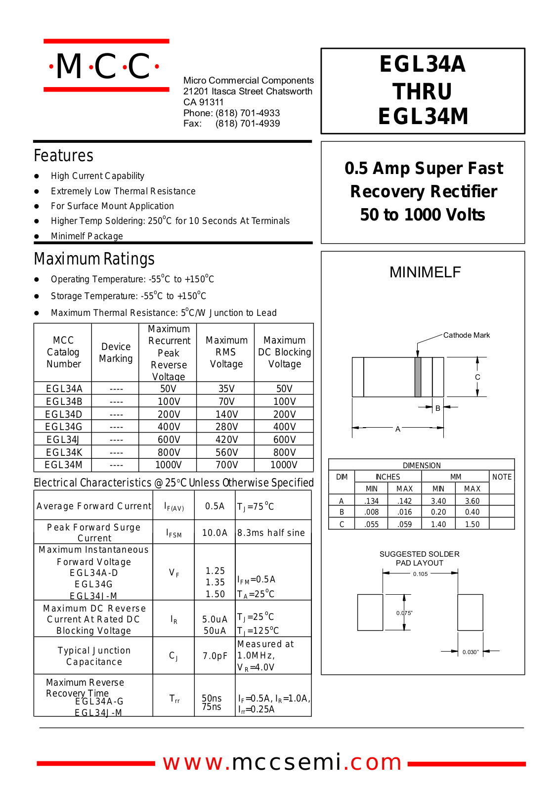 MCC EGL34D, EGL34B, EGL34A, EGL34M, EGL34K Datasheet