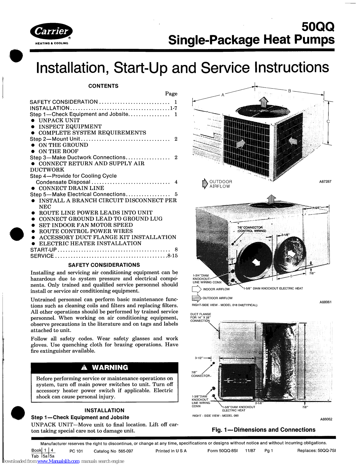 Carrier 50QQ018, 50QQ024, 50QQ030, 50QQ036, 50QQ042 Installation, Start-up And Service Instructions Manual - ManualMachine.com
