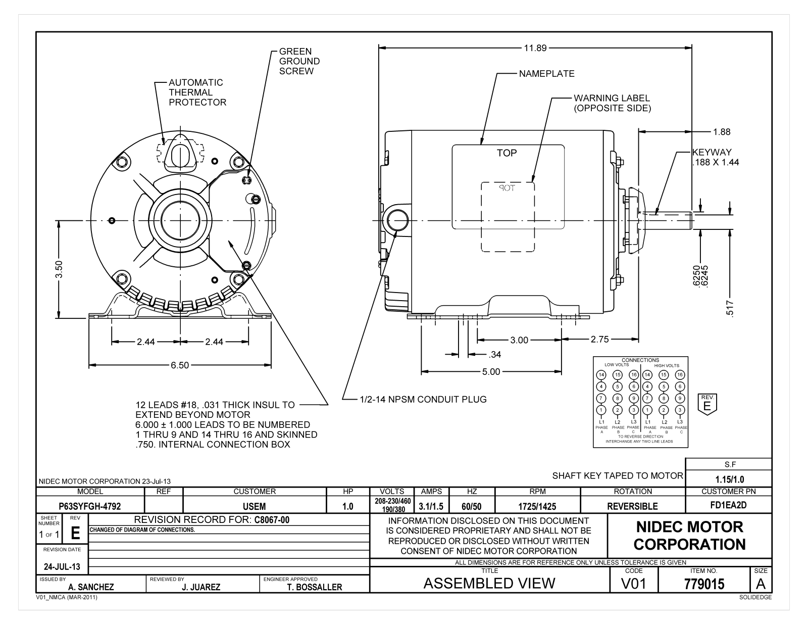 US Motors FD1EA2D Dimensional Sheet