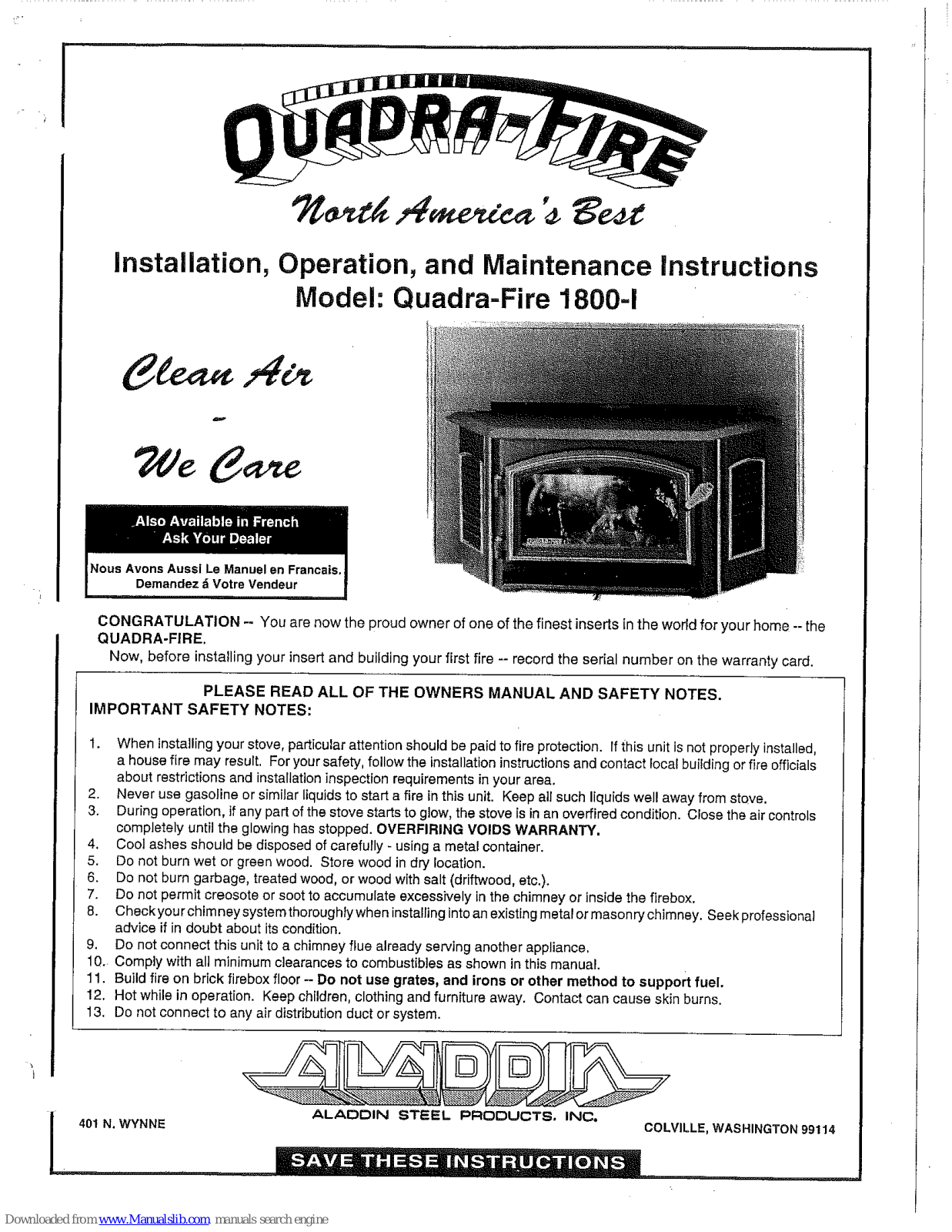 Quadra-Fire 1800-I Installation, Operation And Maintenance Instructions