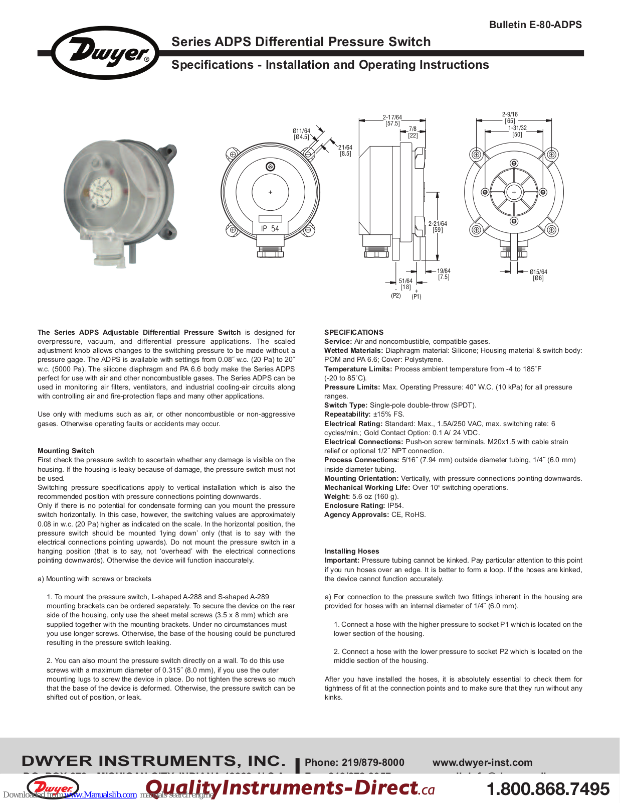 Dwyer Instruments ADPS-08-2-N Specifications-installation And Operating Instructions