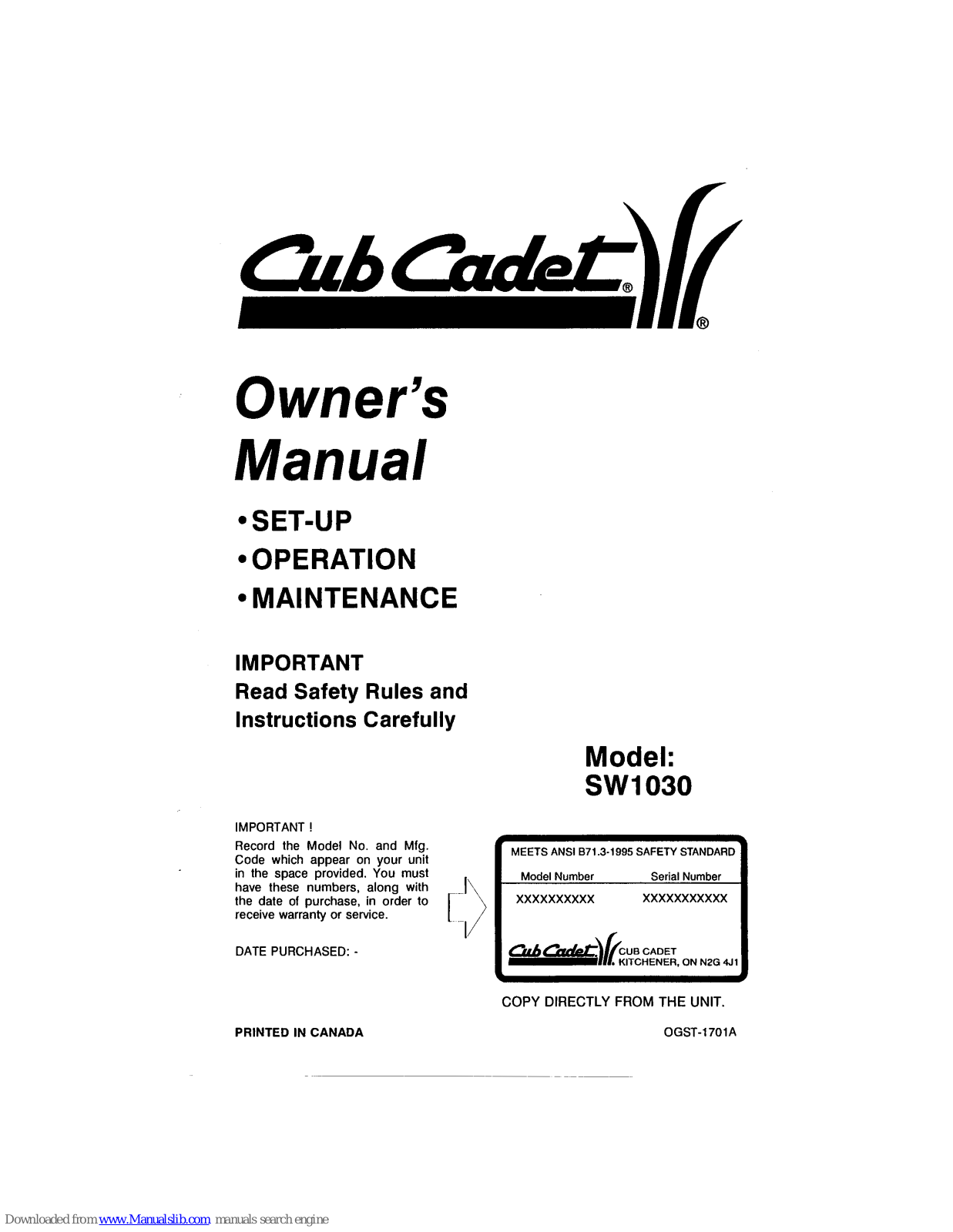 Cub Cadet SW1030 Owner's Manual