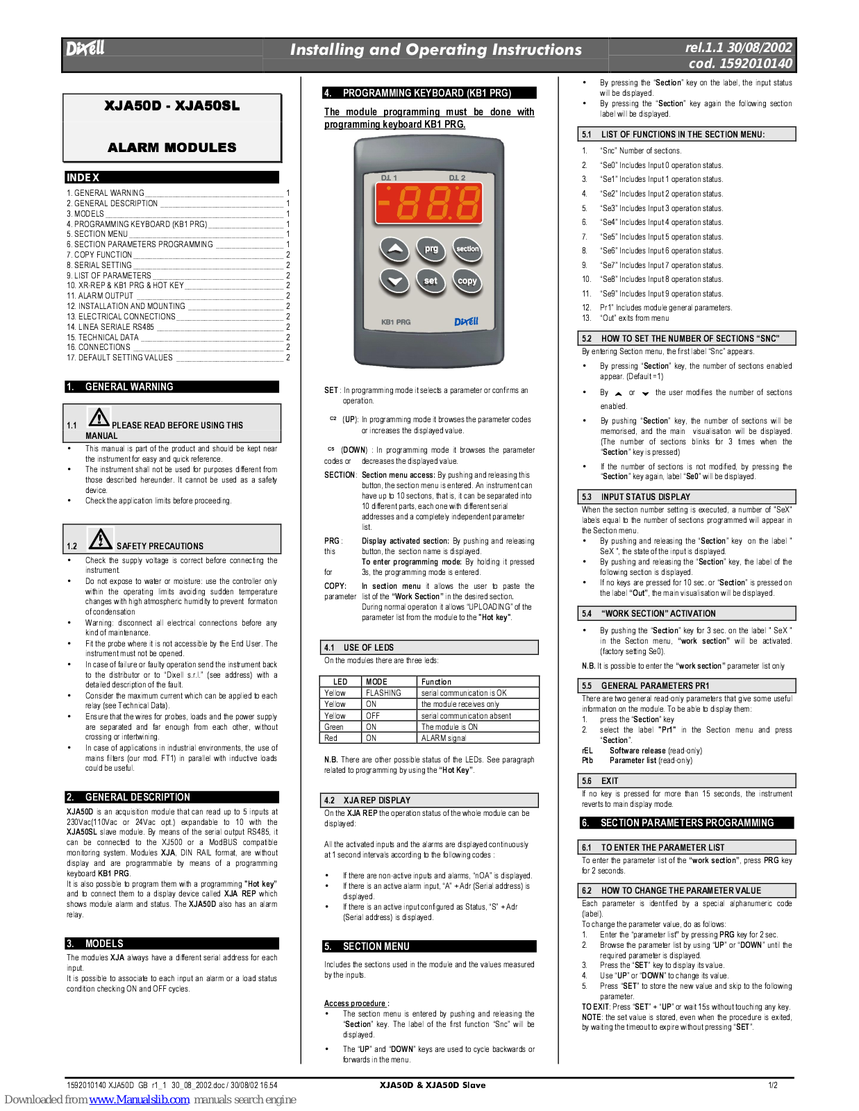 dixell XJA50D, XJA50SL Installation And Operating Instructions Manual