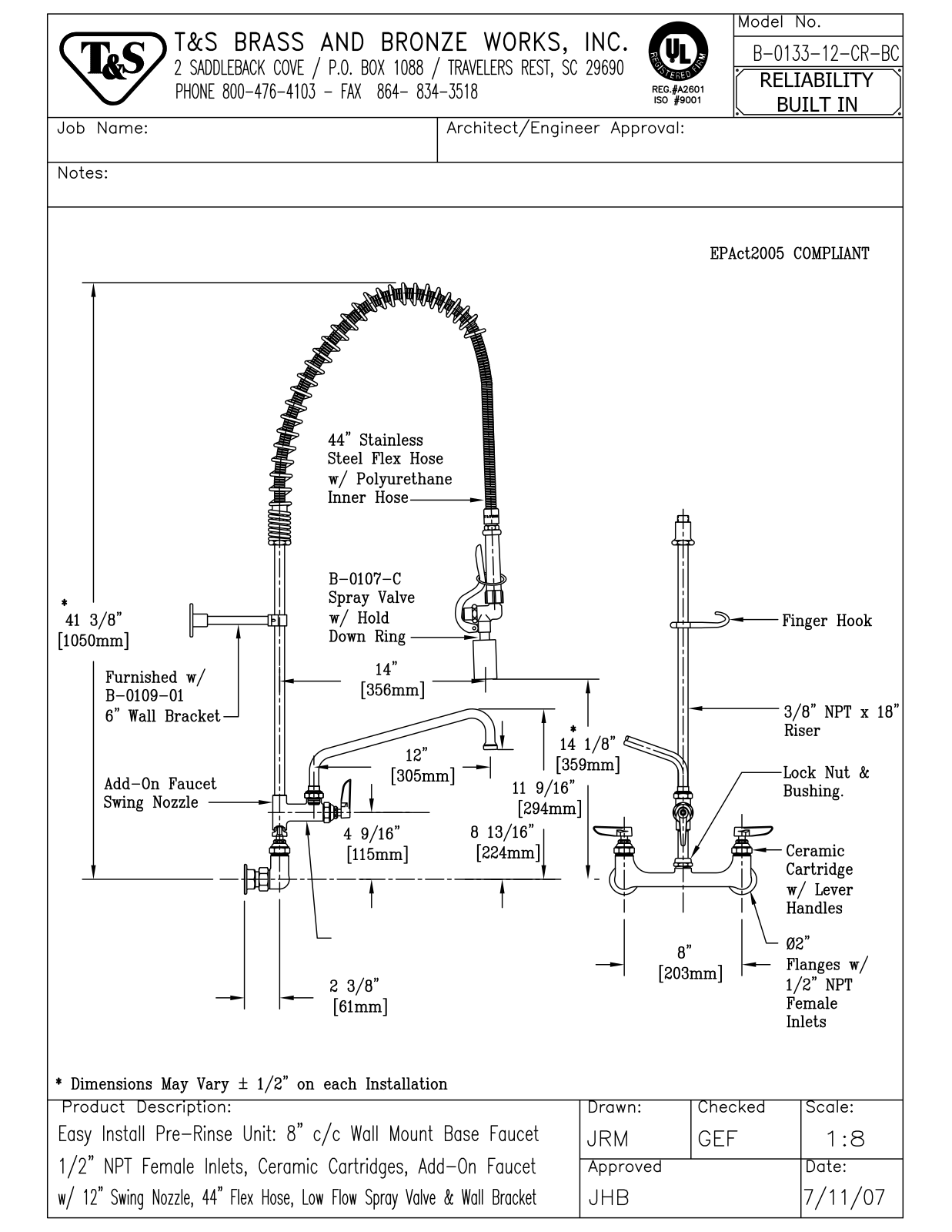 T&S Brass B-0133-12-CR-BC User Manual