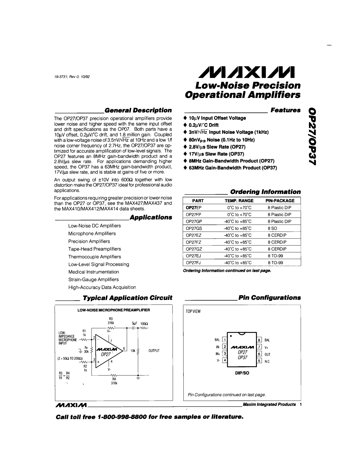 Maxim OP27GP, OP27EP, OP27FJ, OP27GJ, OP27BJ Datasheet