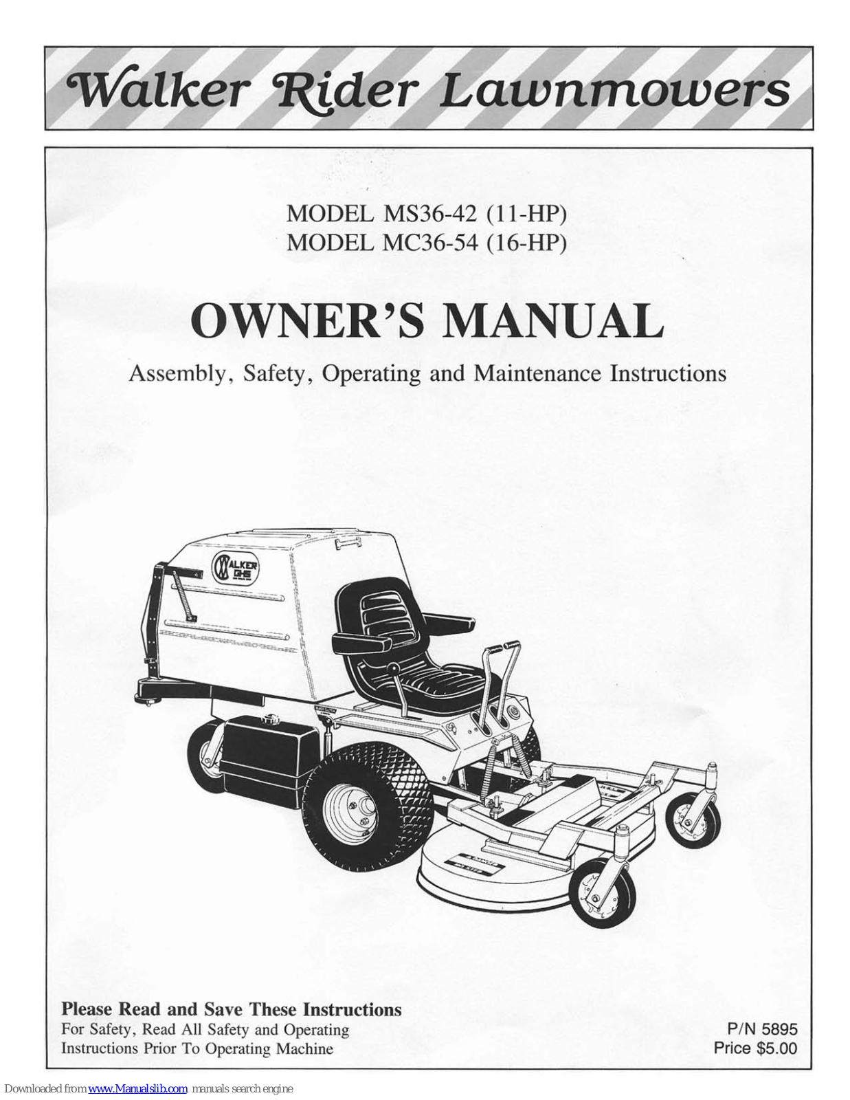 Walker Rider Lawnmowers MS36-42, MC36-54 Owner's Manual