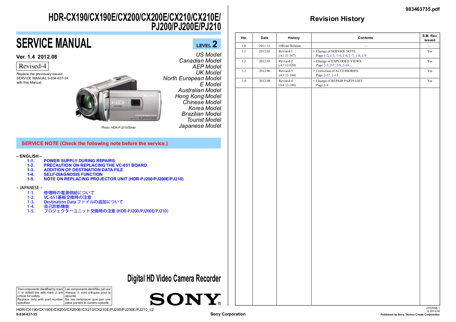 Sony HDR-CX190, HDR-CX190E, HDR-CX200E, HDR-CX210E Schematic