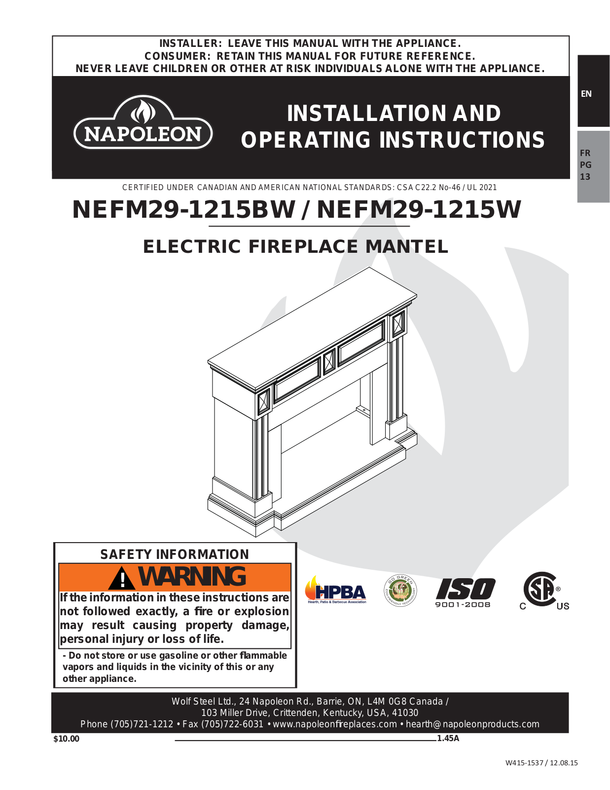 Napoleon NEFP291215BW Installation manual