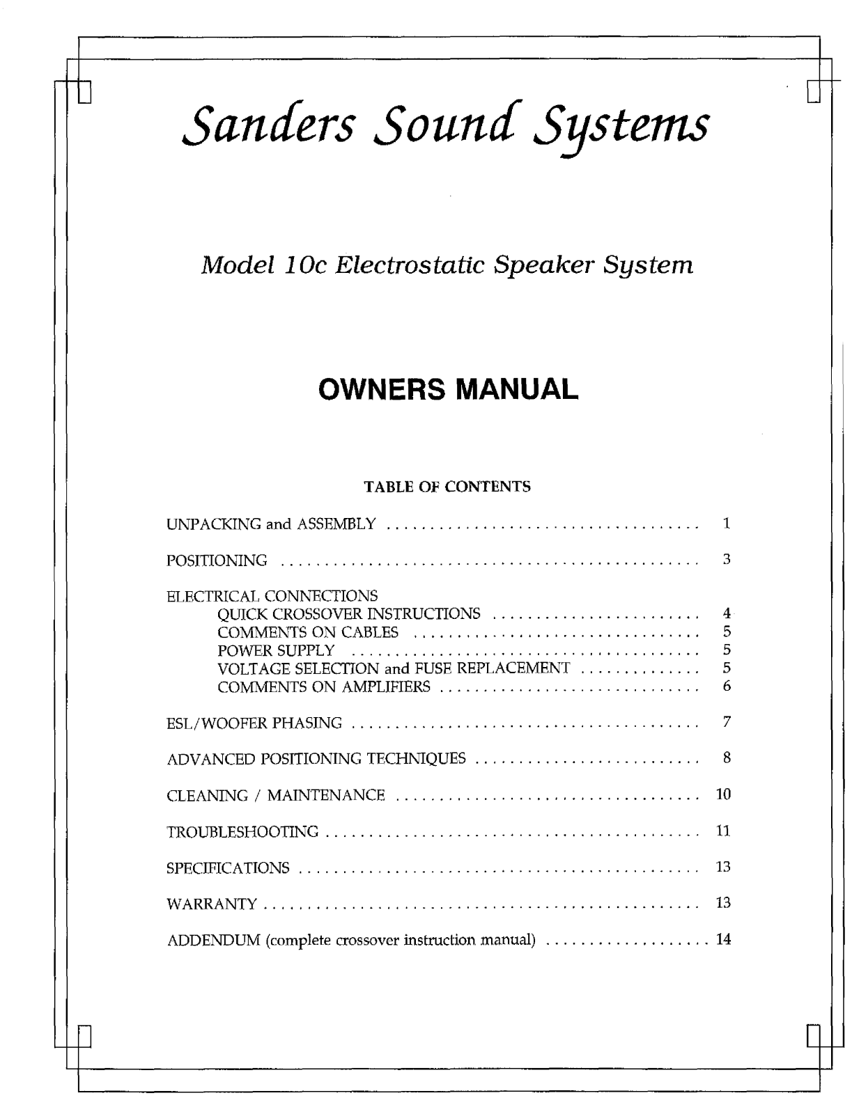 Sanders Sound Systems 10C Owner's Manual