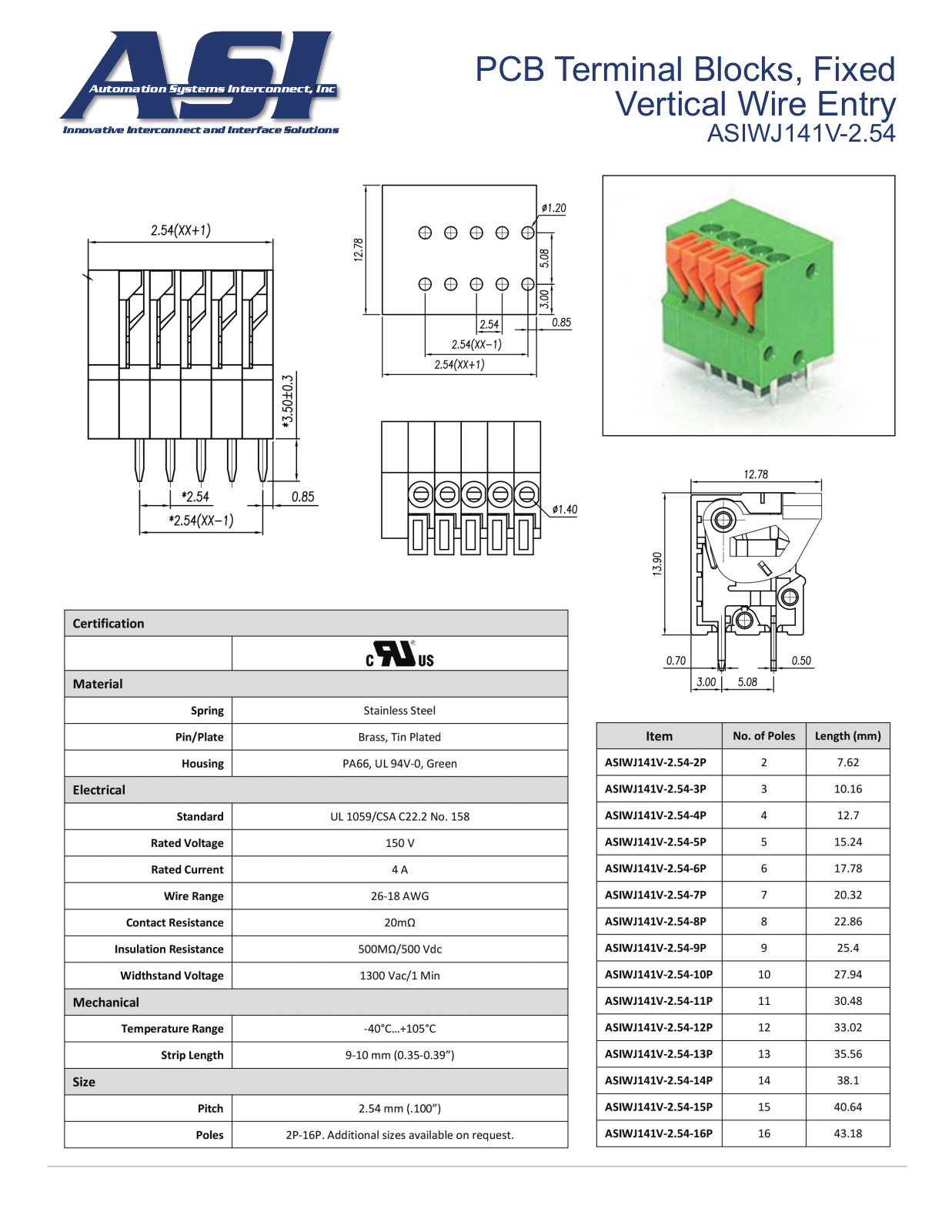 ASI-Automation Systems Interconnect ASIWJ141V-2.54 Data Sheet