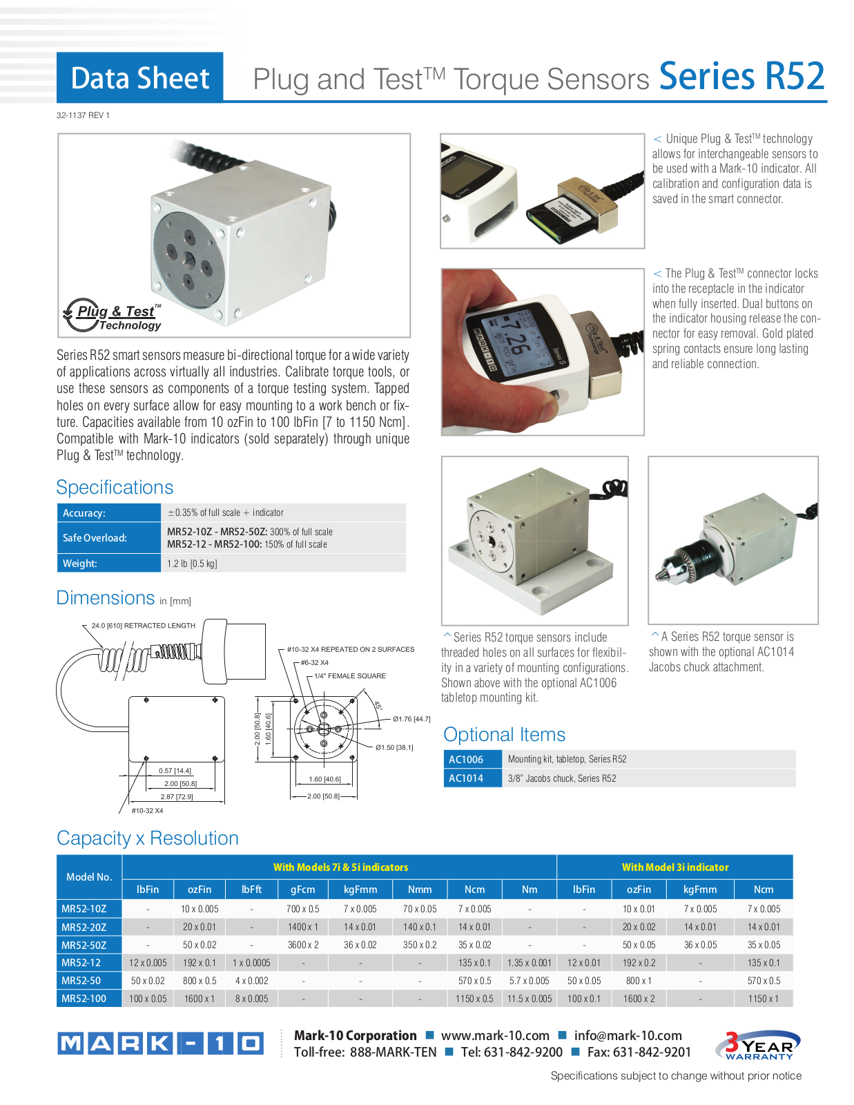 Mark-10 MR52-10Z, MR52-20Z, MR52-50Z, MR52-12, MR52-50 Data Sheet