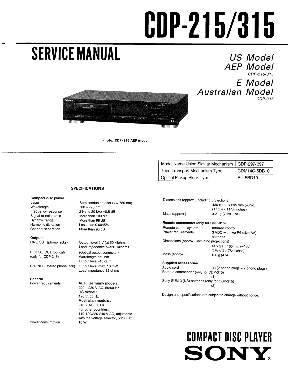 Sony CDP-215 Service manual