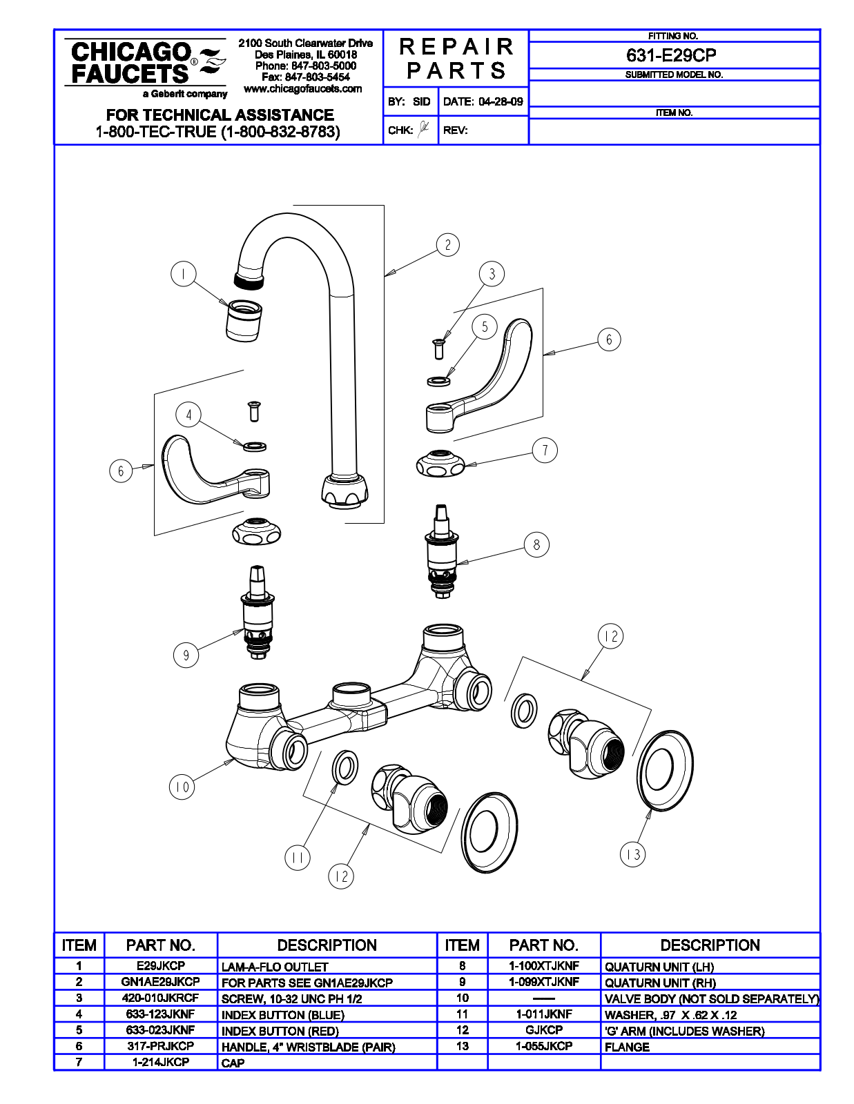 Chicago Faucet 631-E29 Parts List