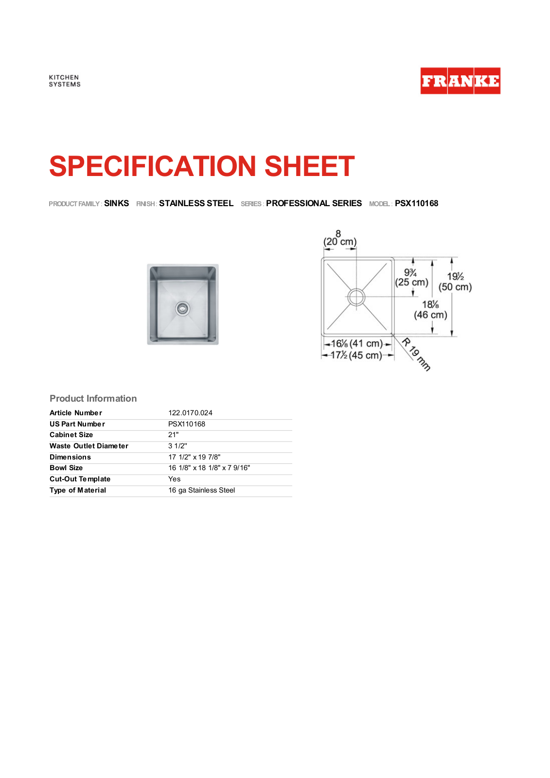 Franke Foodservice PSX110168 User Manual