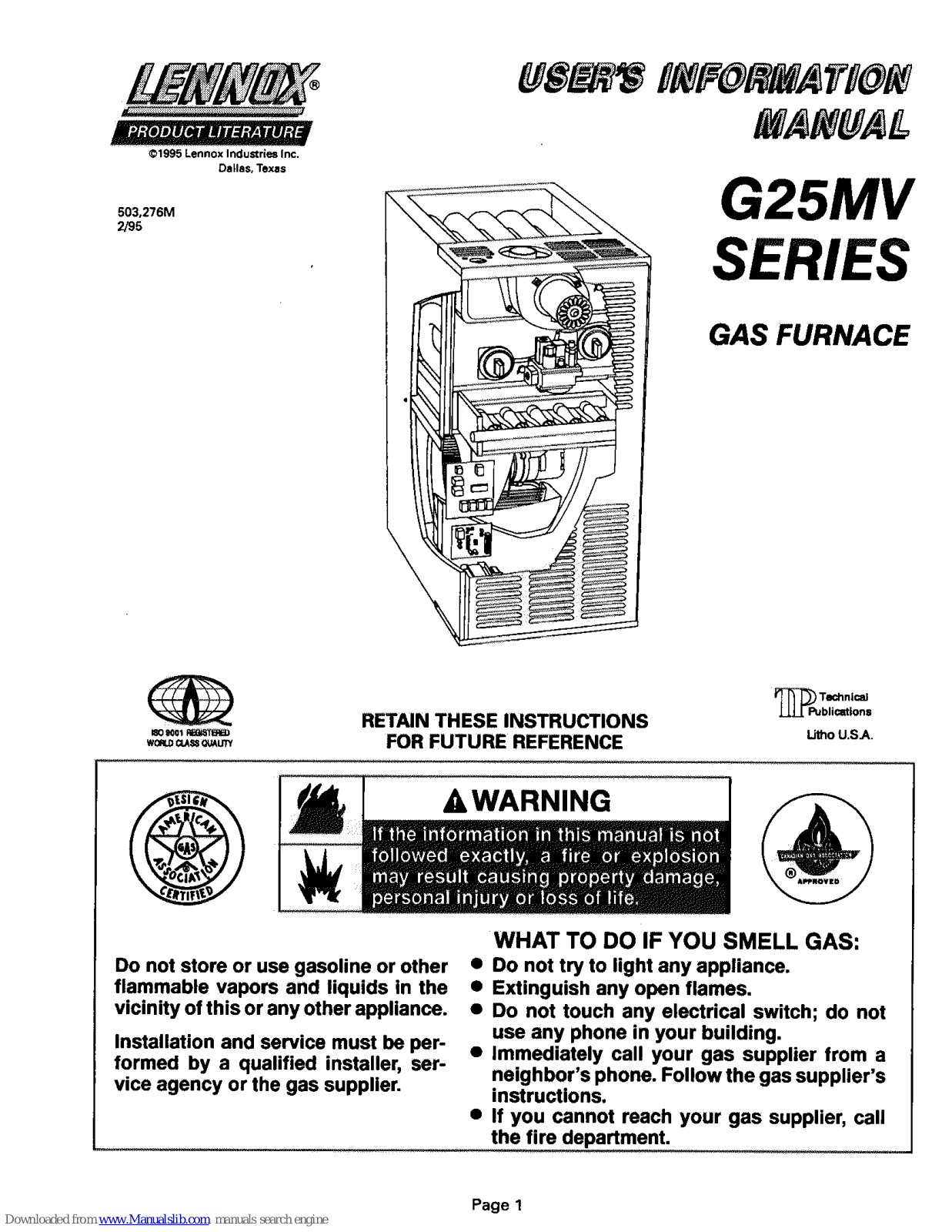 Lennox G25MV Series, G25MV3-60, G25MV3-75, G25MV5-100, G25MV5-120 User's Information Manual