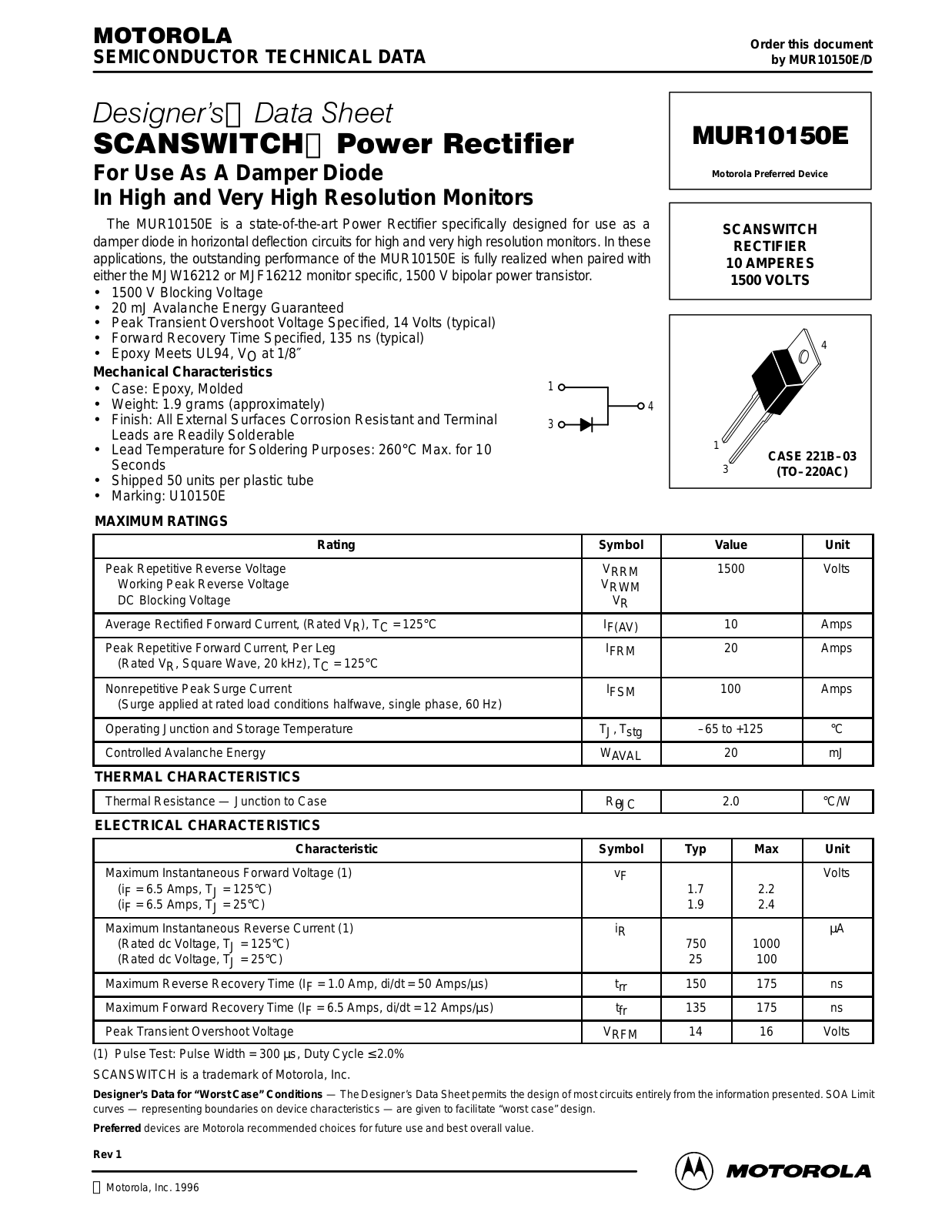 Motorola MUR10150E Datasheet