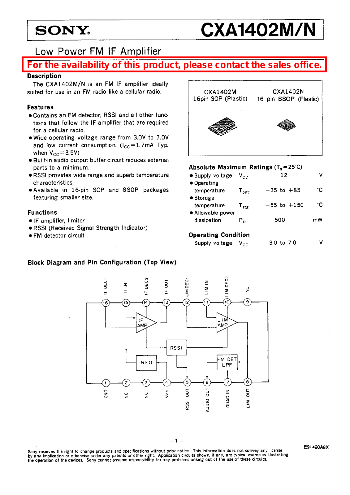 Sony CXA1402N, CXA1402M Datasheet