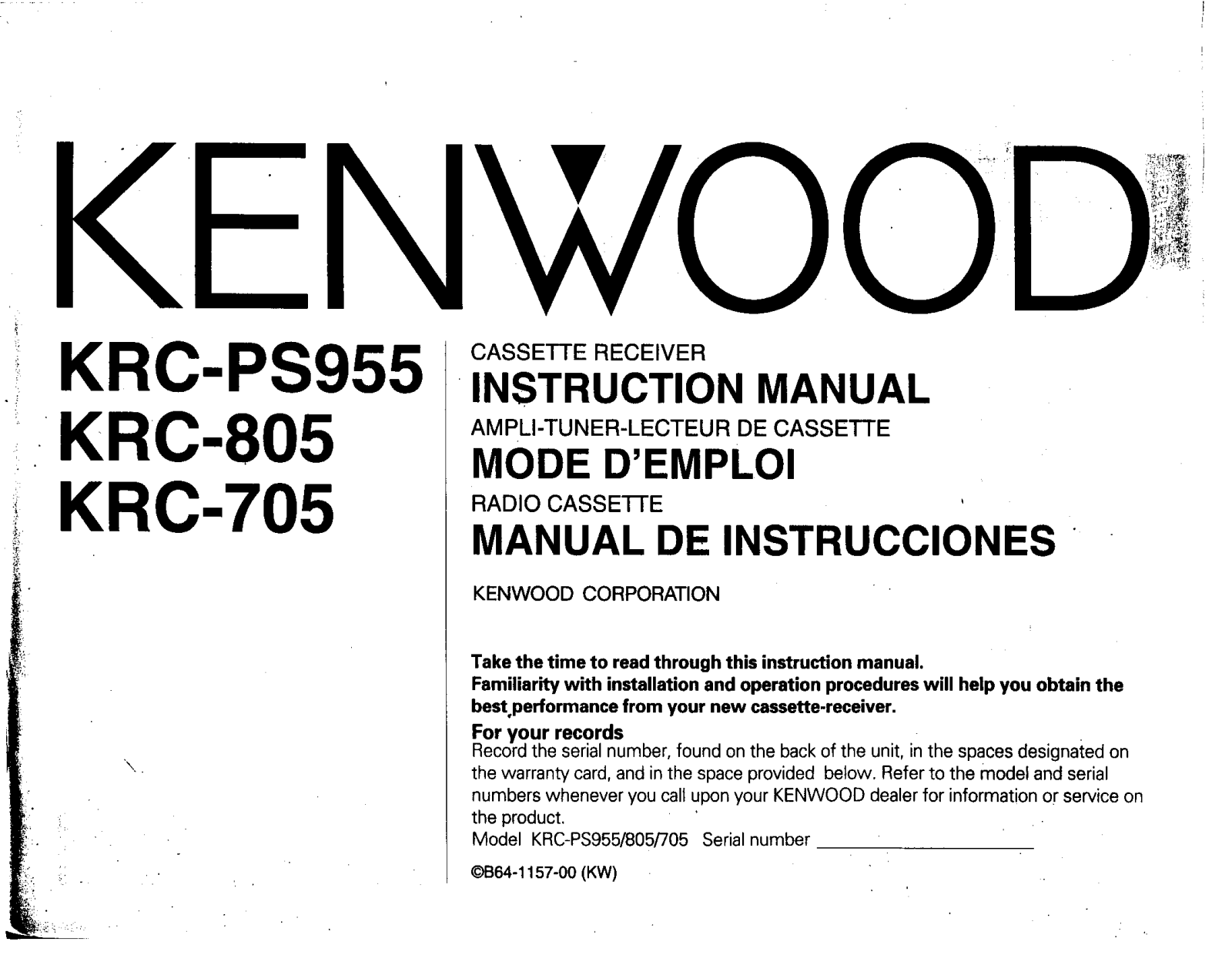 Kenwood KRC-805, KRC-PS955, KRC-705 Owner's Manual