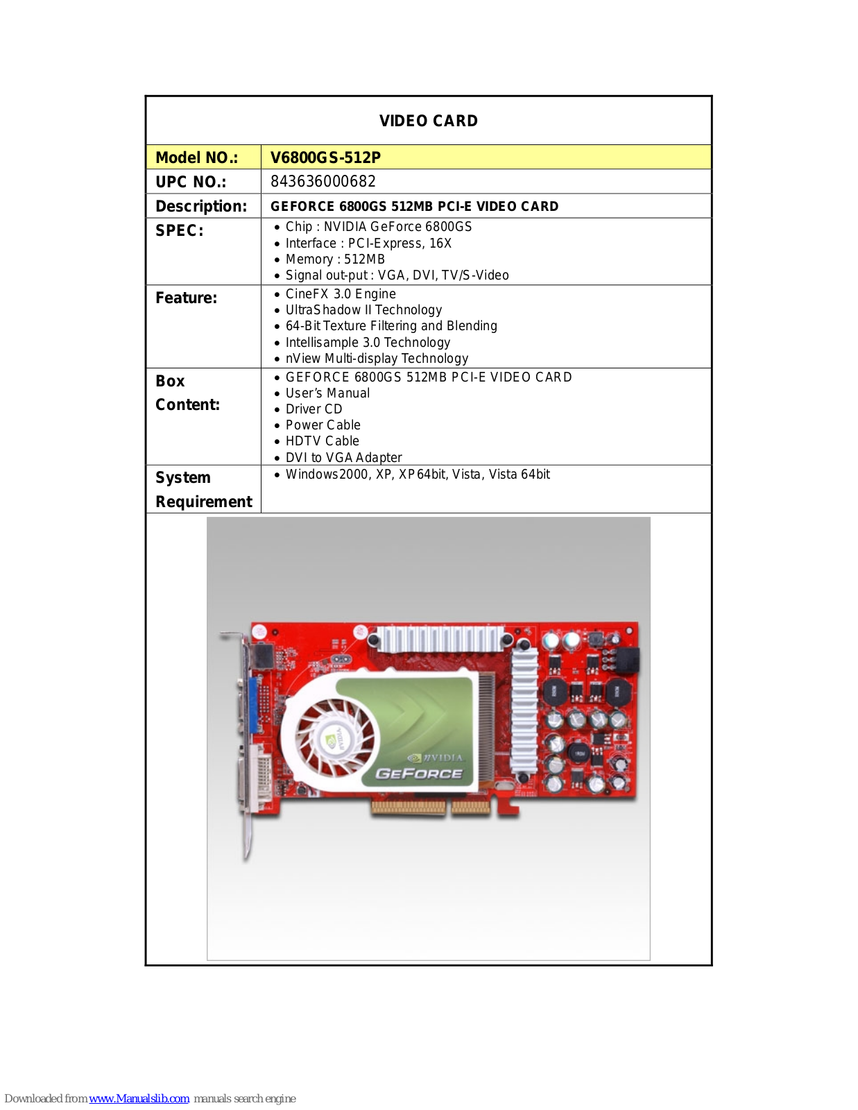 Nvidia V6800GS-512P Specifications