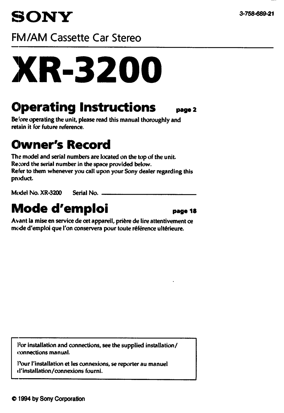 Sony XR-3200 User Manual