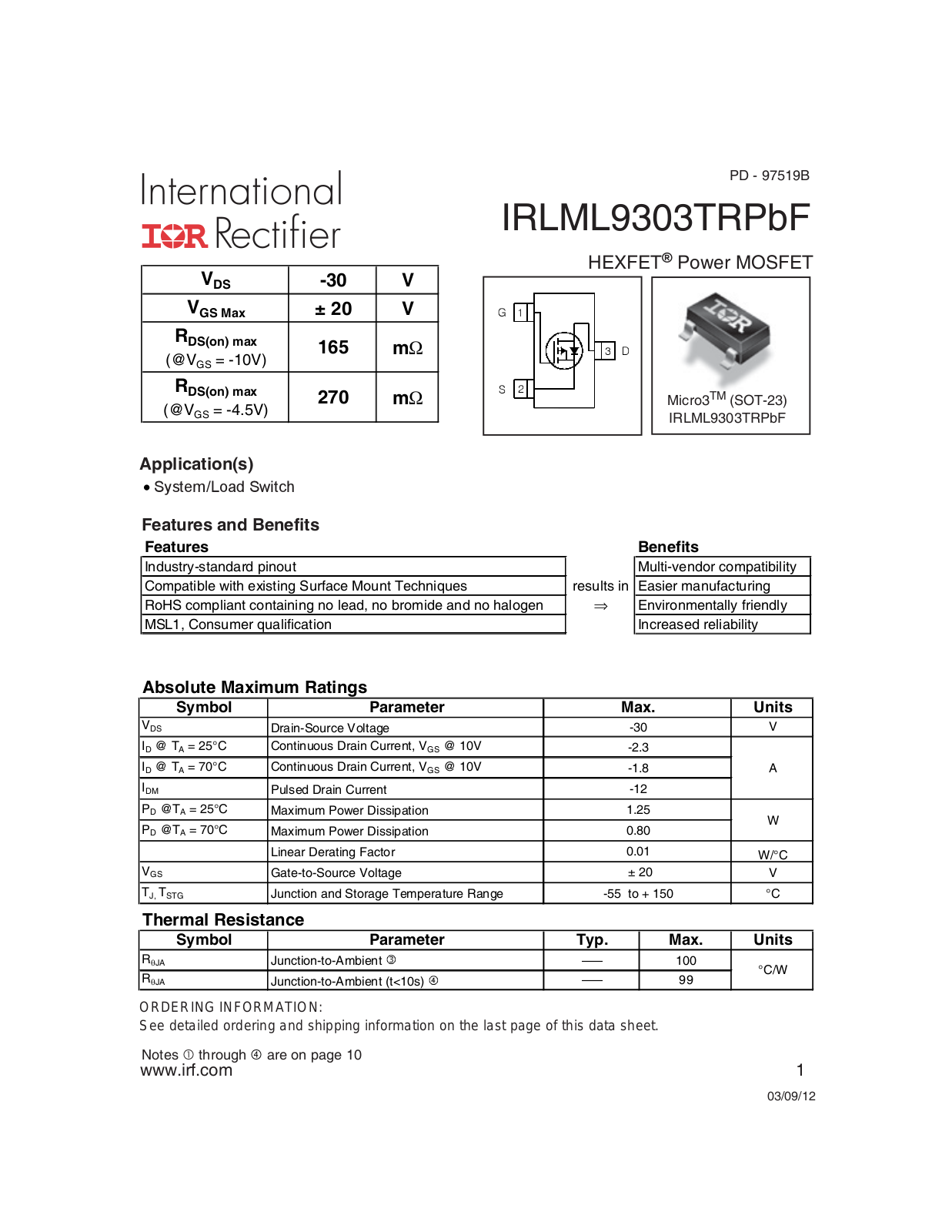 Datasheet IRLML 9303PbF Datasheet - ManualMachine.com
