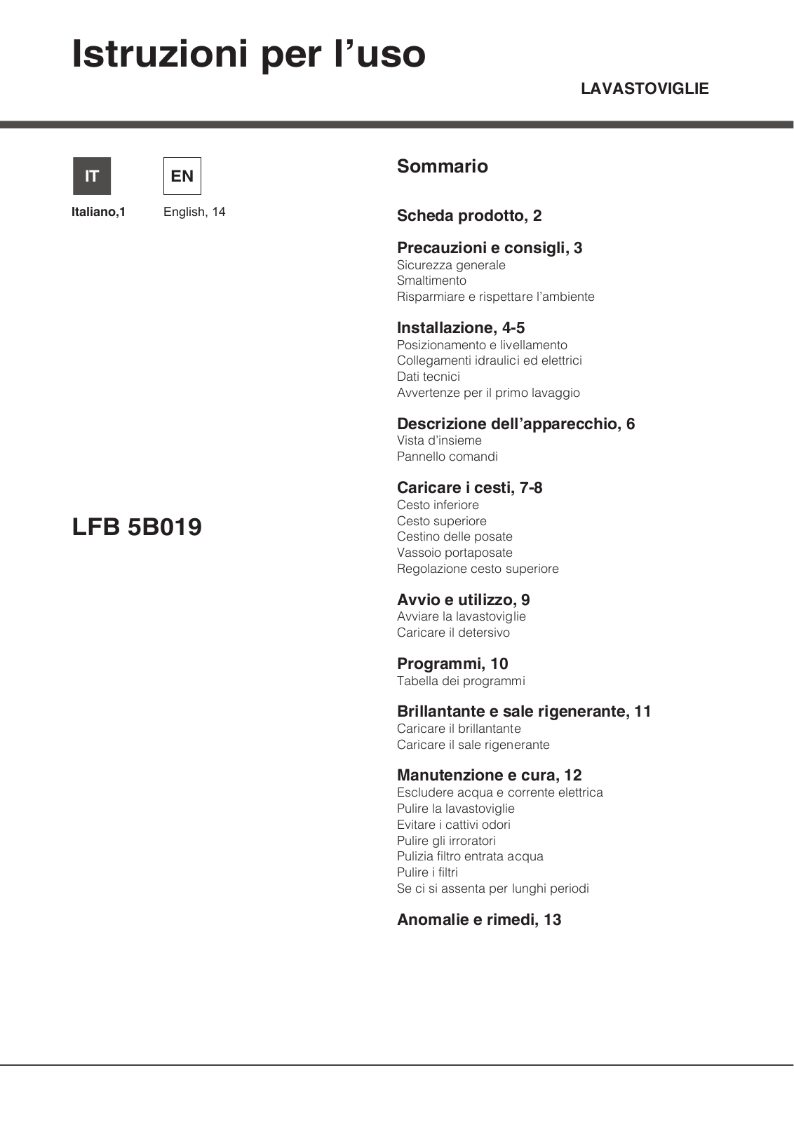 HOTPOINT/ARISTON LFB 5B019 A EU User Manual