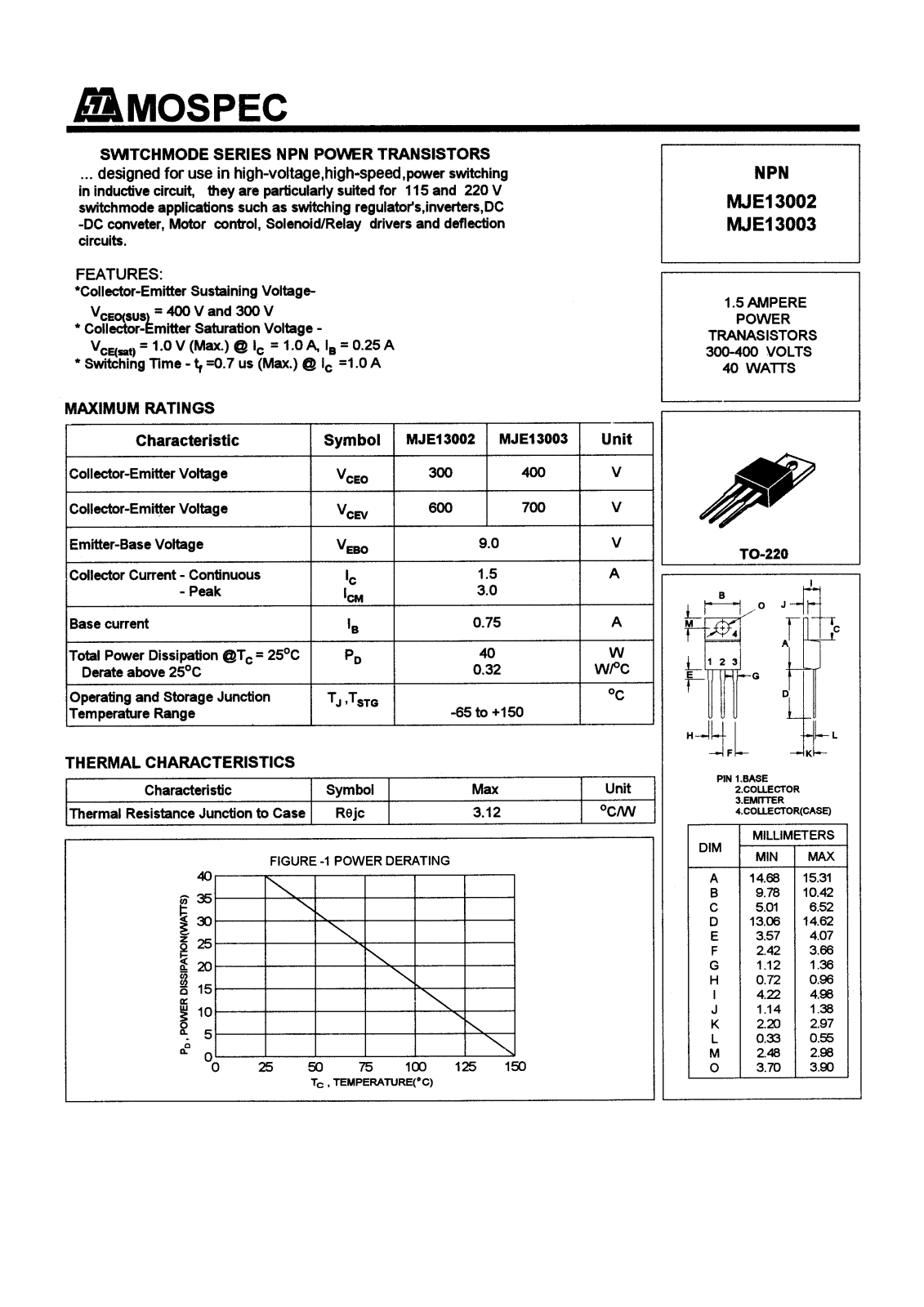 MOSPEC MJE13003, MJE13002 Datasheet