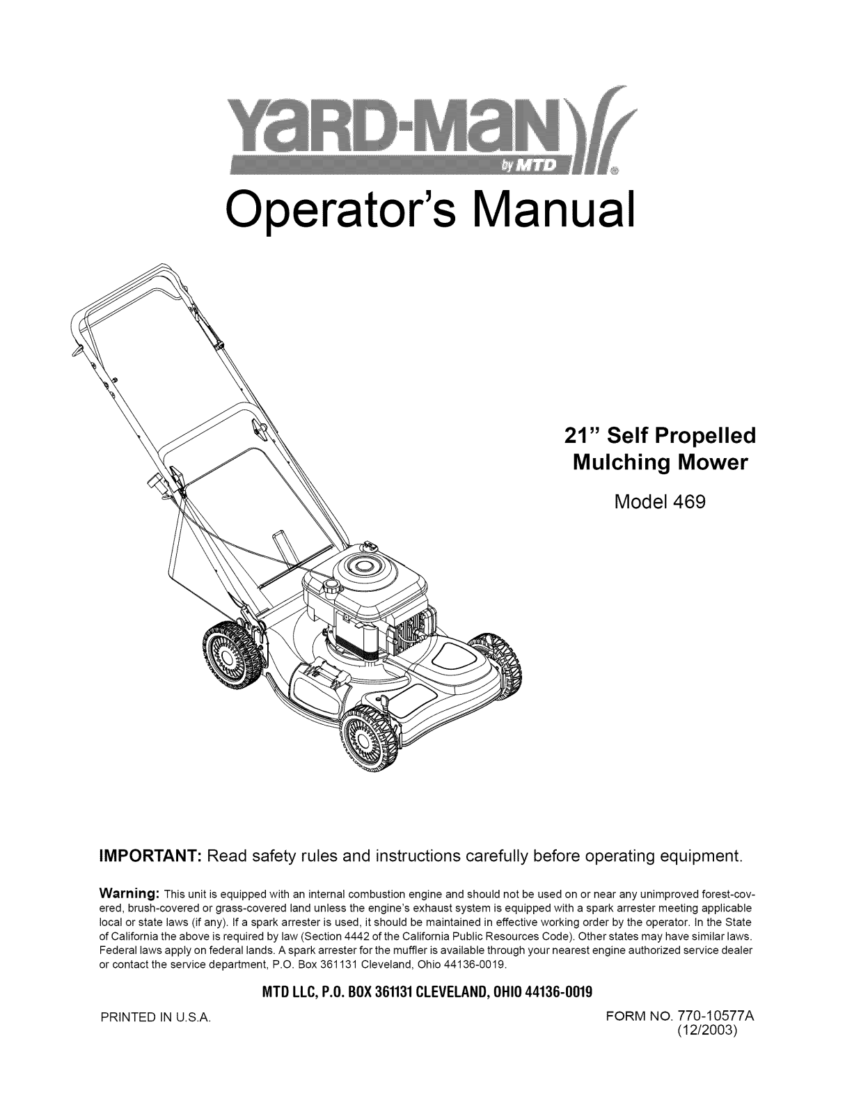Yard-Man 12A-469P701 Owner’s Manual