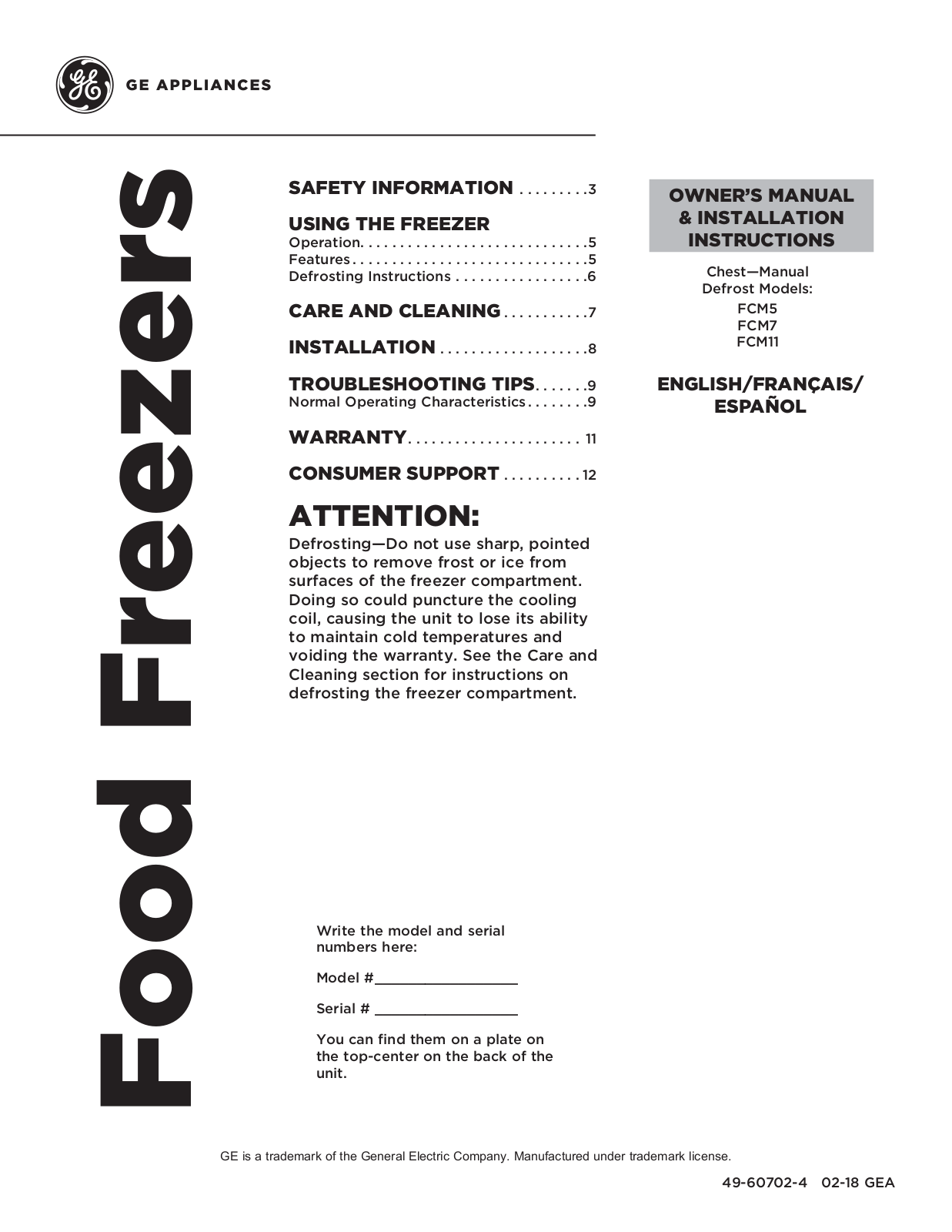 General Electric FCM11PHWW Use & Care