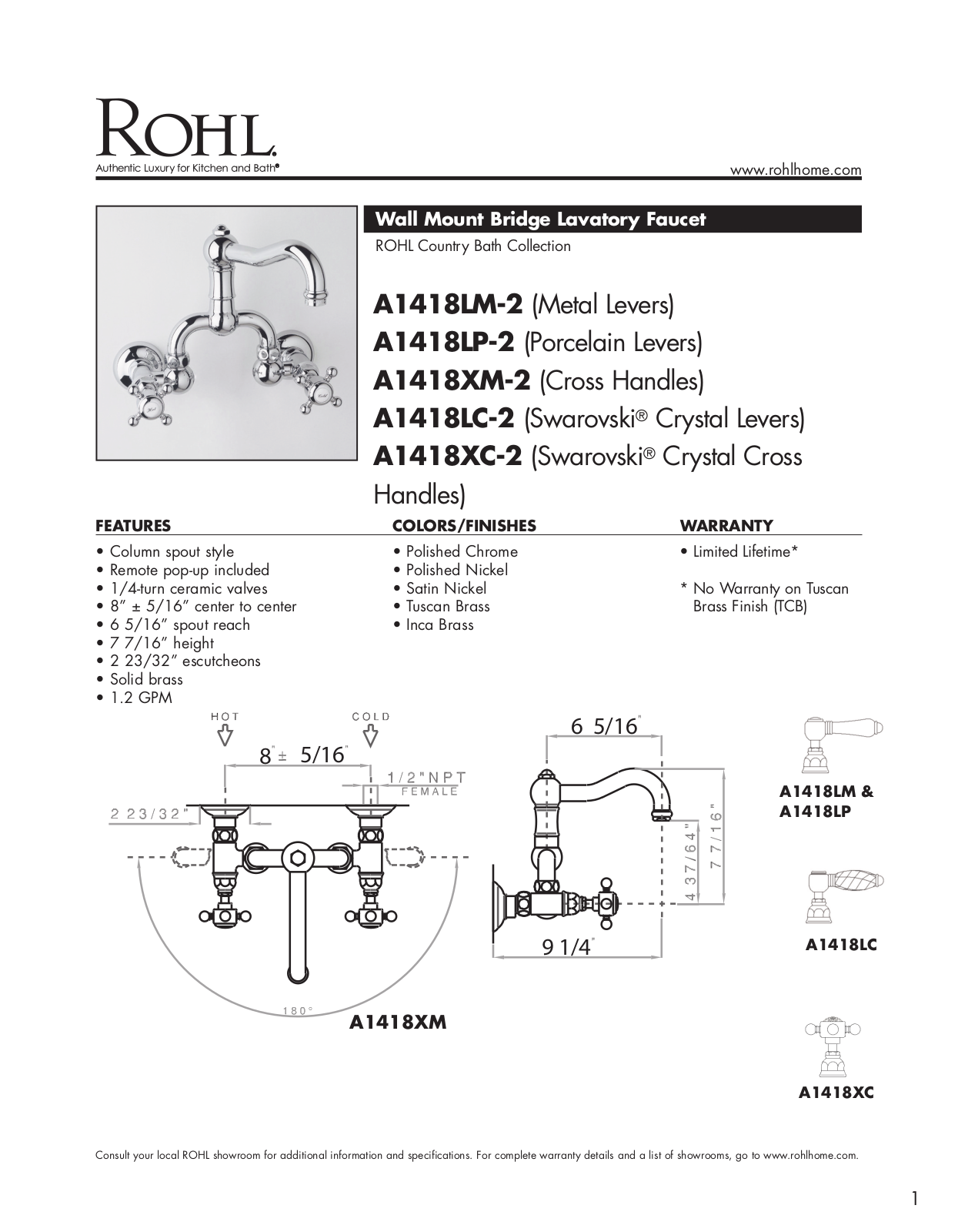 Rohl A1418LCTCB2, A1418LPTCB2, A1418LMSTN2, A1418XCSTN2, A1418XMTCB2 Specifications - ManualMachine.com