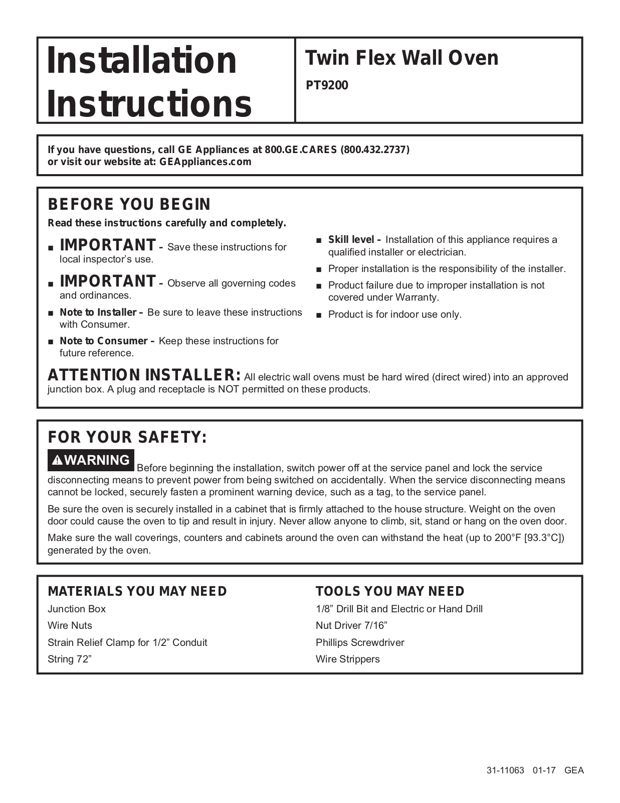 GE Profile PT9200SLSS Installation Manual