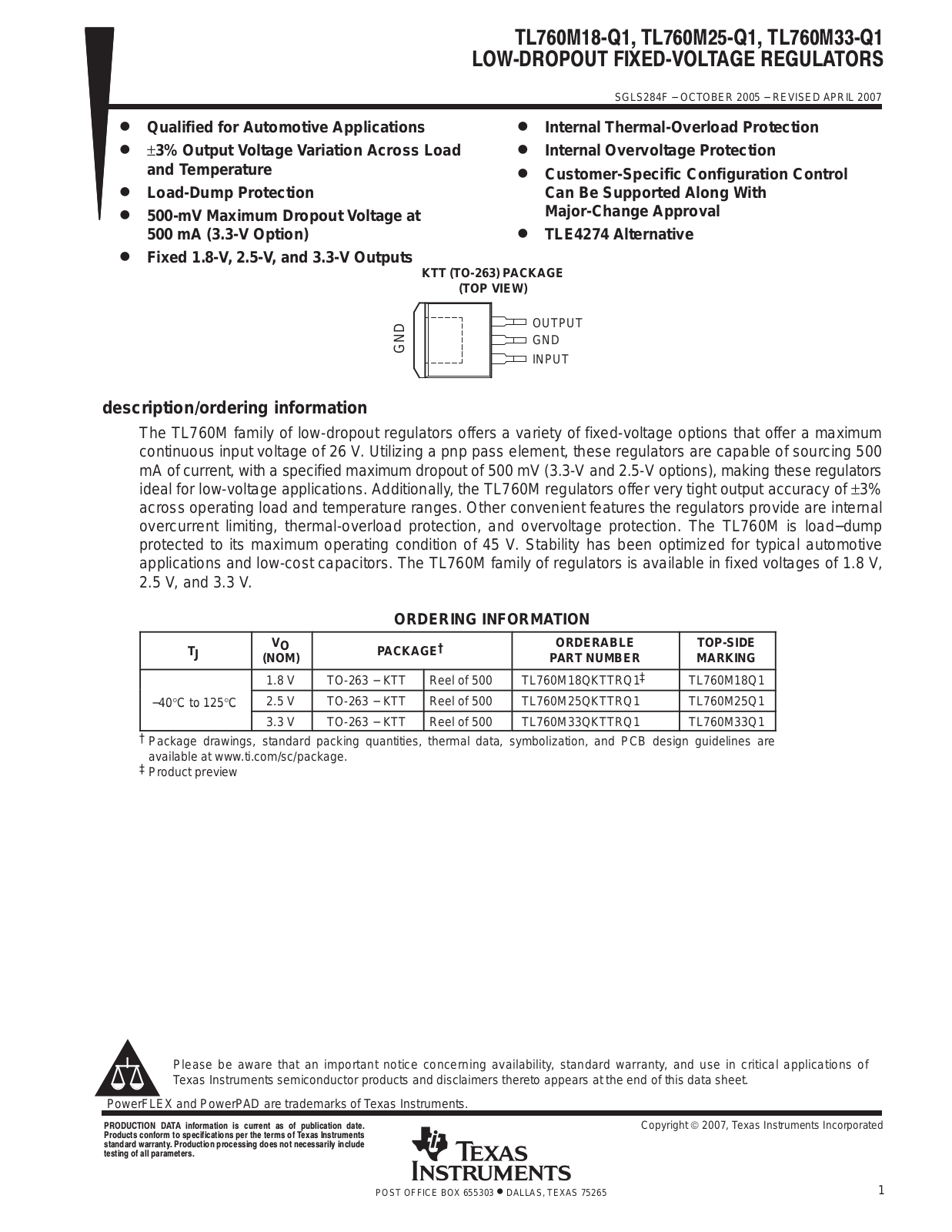 Texas Instruments TL760M33QKTTRQ1, TL760M33-Q1 Datasheet