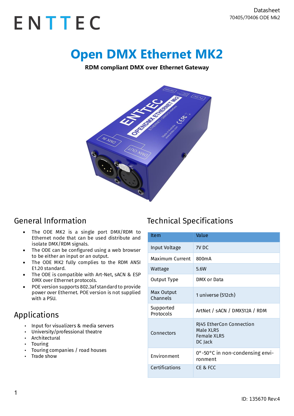 Enttec ODE POE MK2 Datasheet