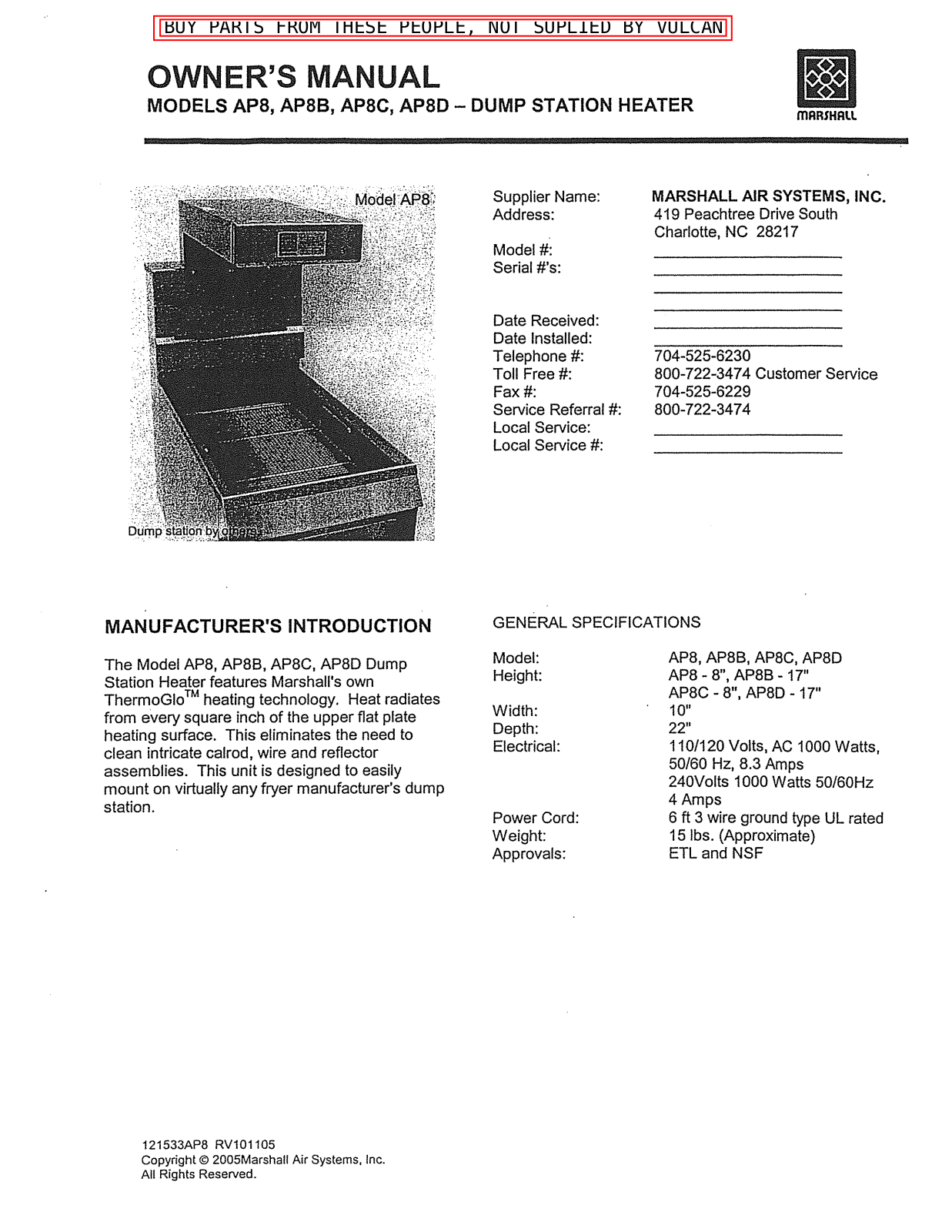 Marshall Air AP8 Installation  Manual