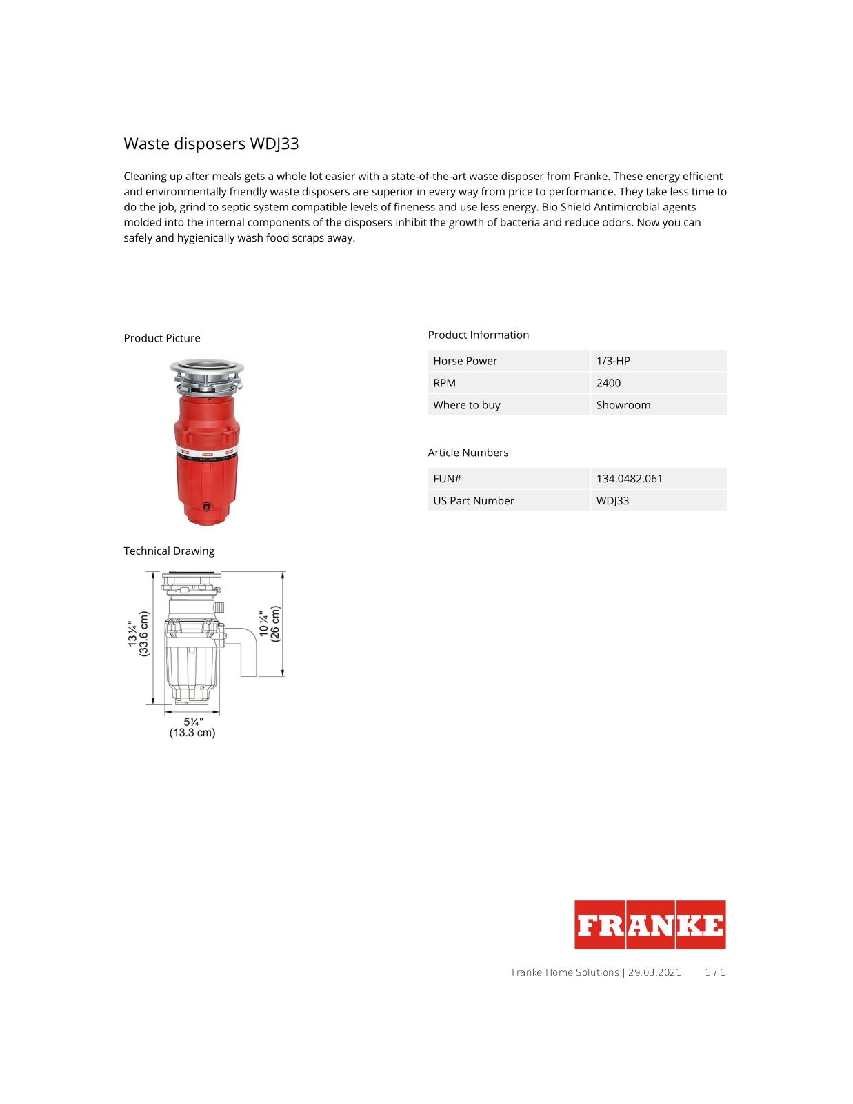 Franke WDJ33 Specification Sheet