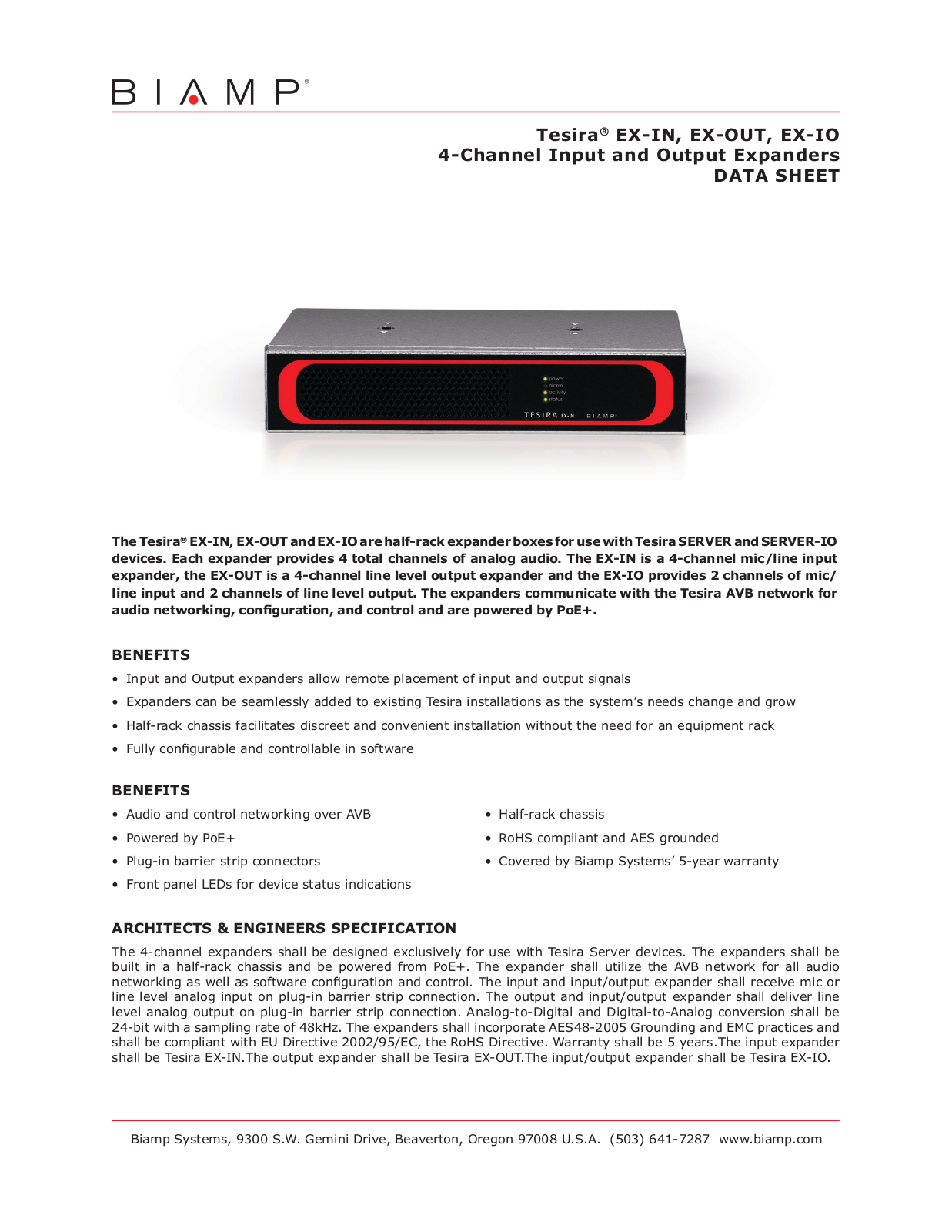 Biamp TESIRA EX-IN, TESIRA EX-OUT, EX-IO DATASHEET