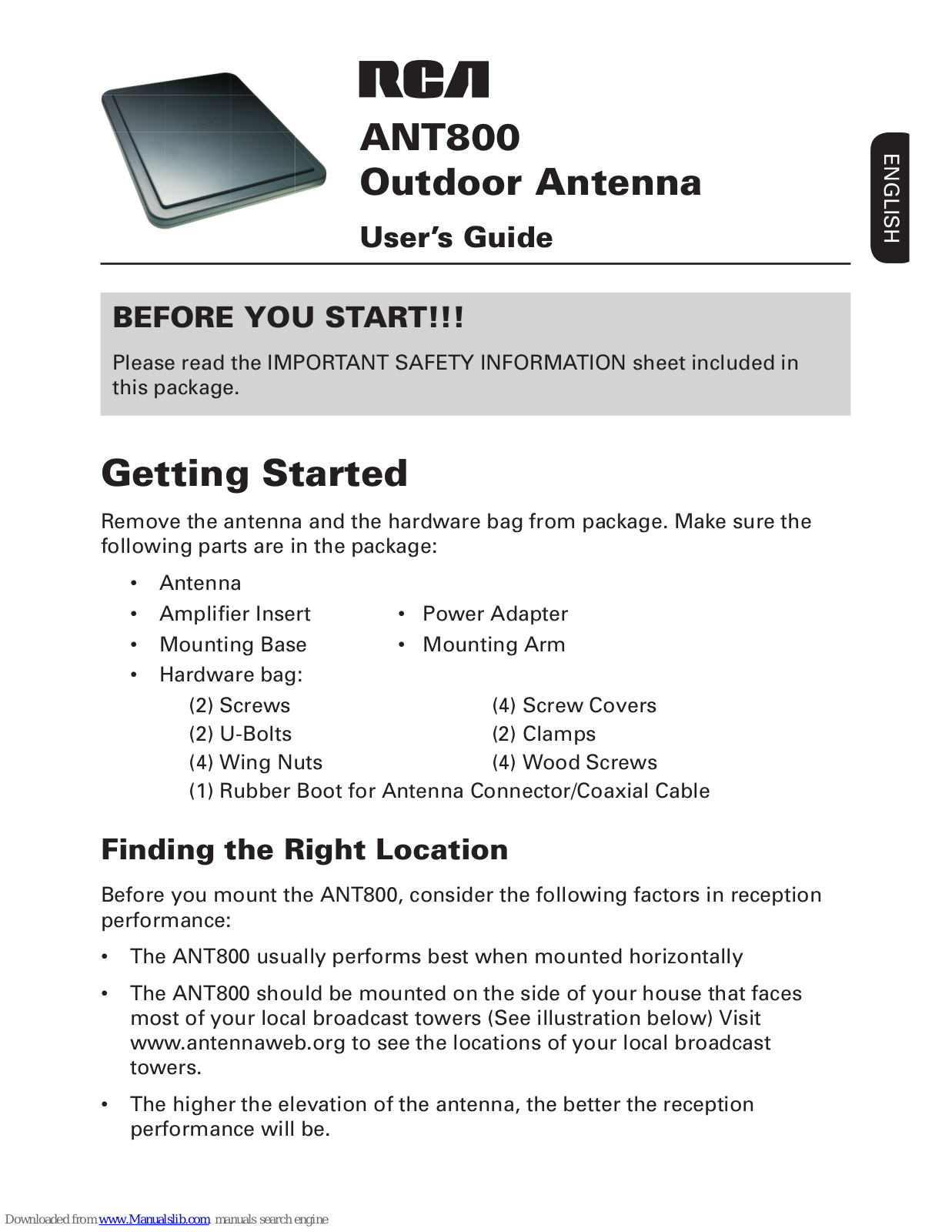 RCA ANT800 - HDTV Antenna - Outdoor, ANT800R User Manual