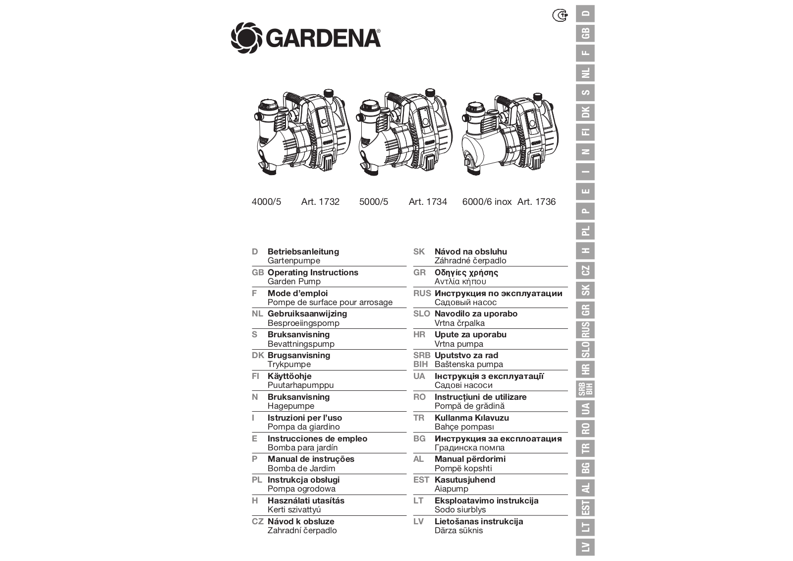 Gardena 4000/5 Comfort 1732, 50000/5 Comfort 1734, 6000/6 inox Premium 1736 Operating Instructions Manual