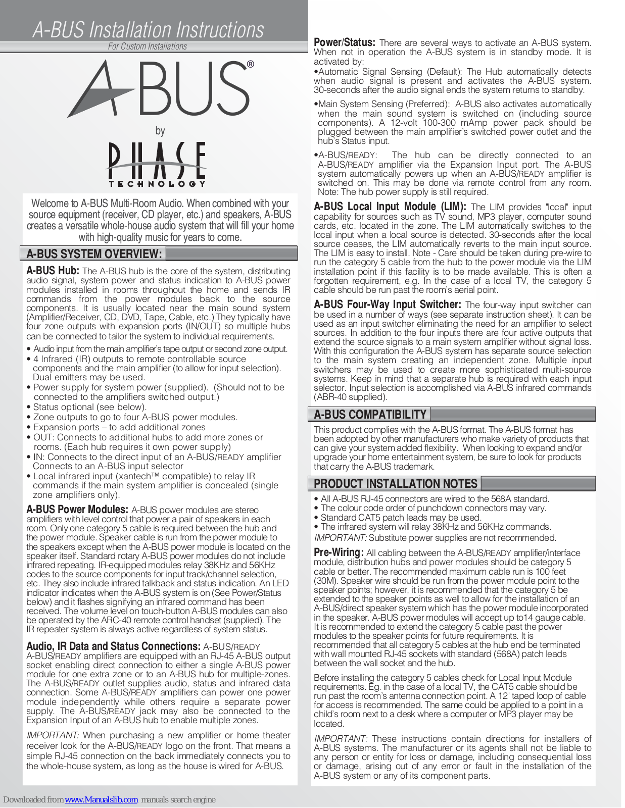 Phase Technology A-BUS ABR-40, A-BUS HUB-1, AS-1, A-BUS VC-1, A-BUS TP-1 Installation Instructions Manual