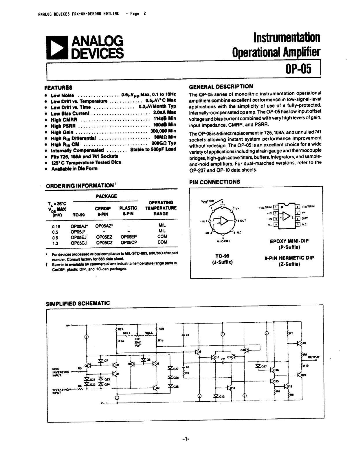 Analog Devices OP05 Datasheet