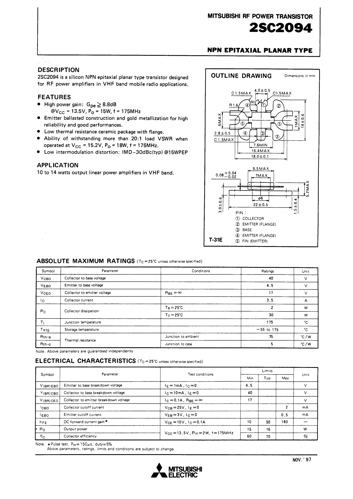 Mitsubishi Electric Corporation Semiconductor Group 2SC2094 Datasheet