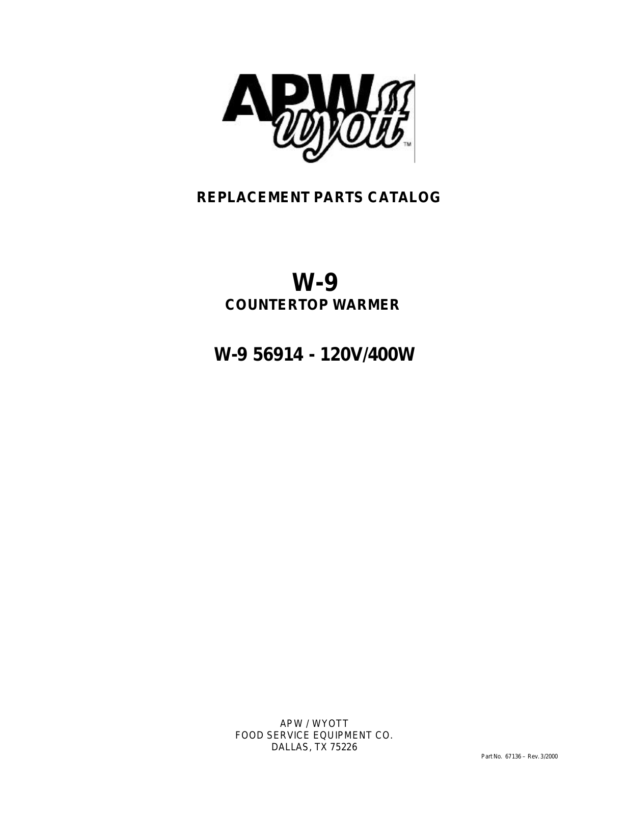 APW Wyott 54414-W9 Parts Manual