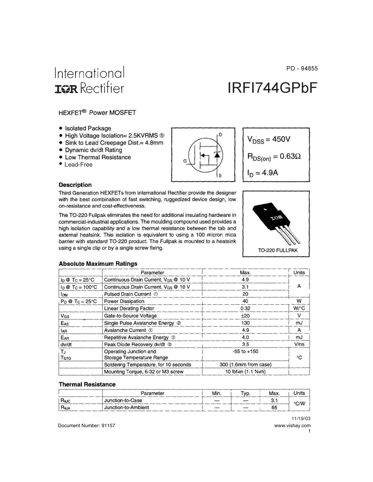 Datasheet irfi744gpbf Datasheet - ManualMachine.com