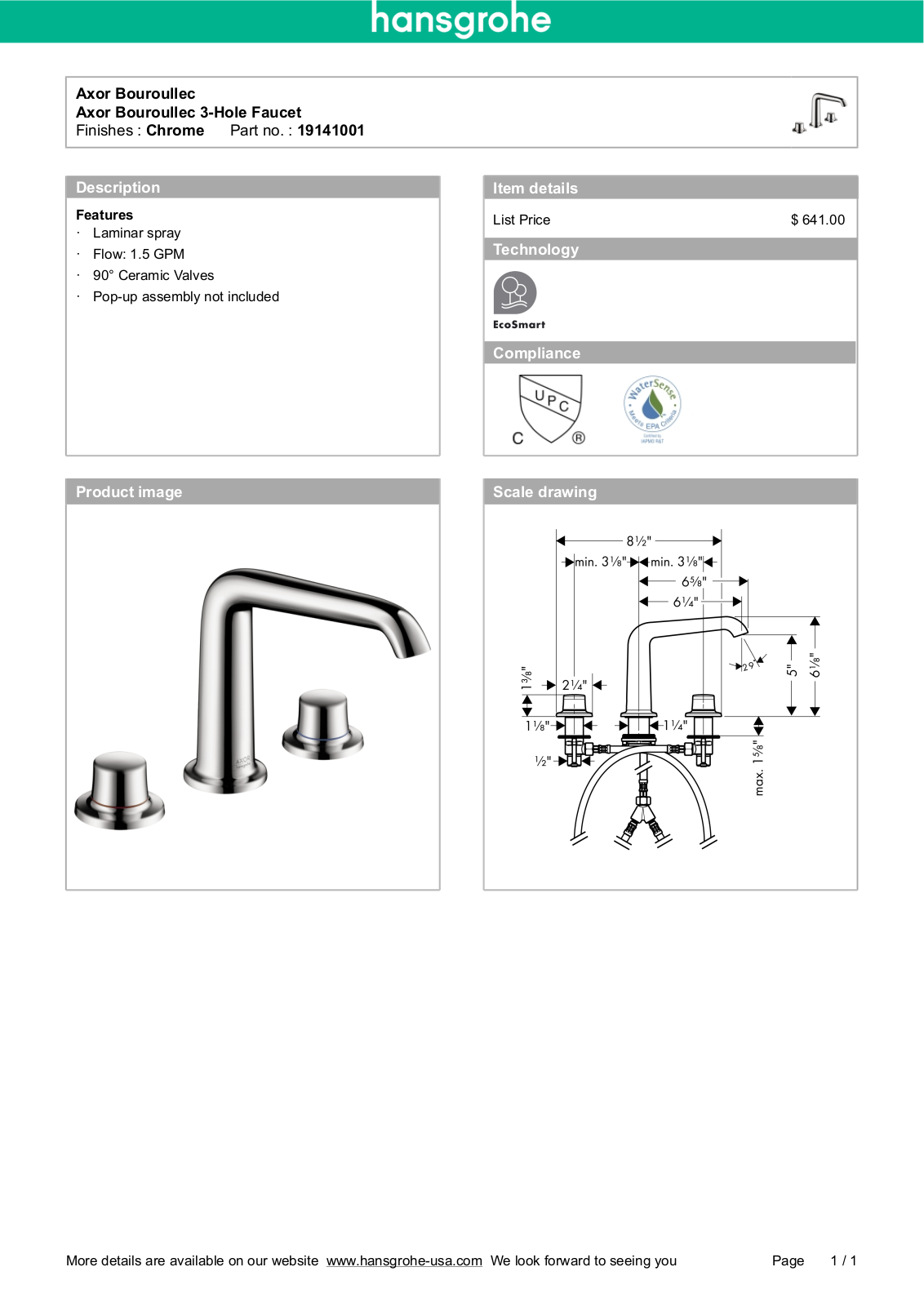 Hansgrohe 19141001 Specs