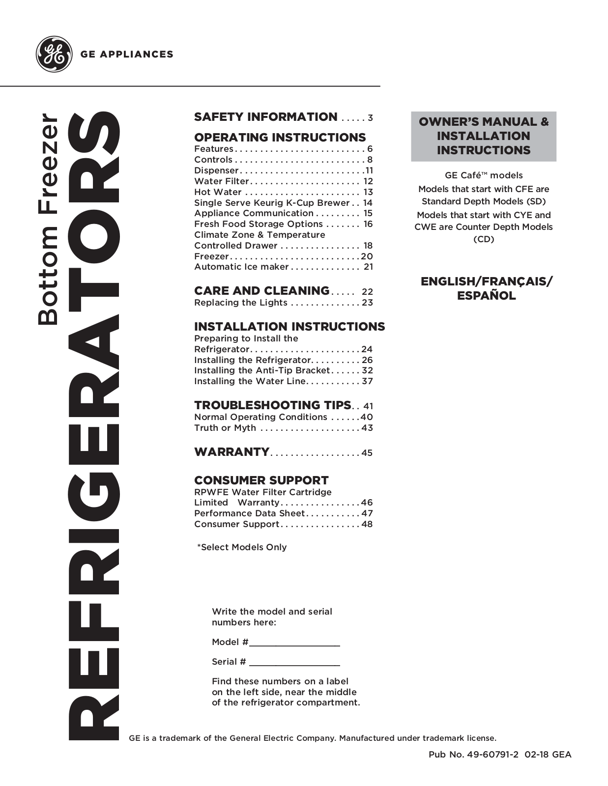 GE CYE22TSHSSS, CYE22TSHRSS, CFE28USHMSS, CFE28UELDDS, CFE28TSHQSS Owner’s Manual