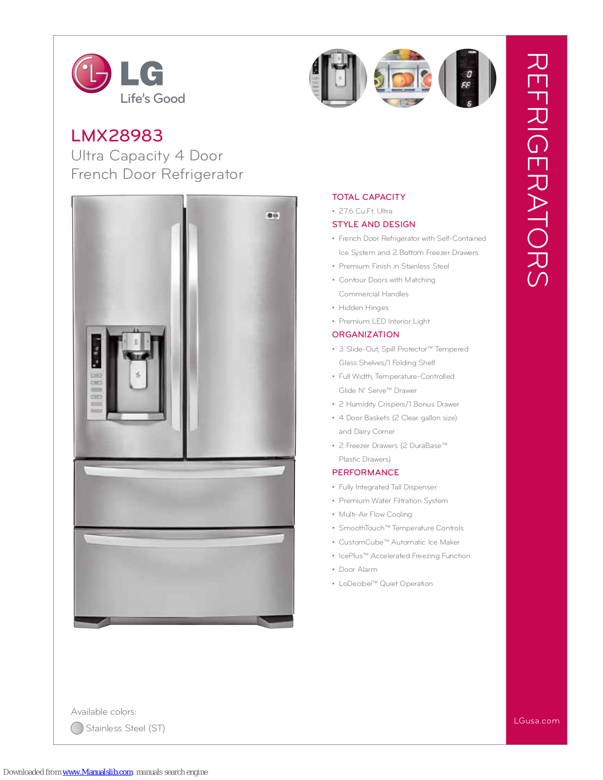 LG LMX28983ST - 27.6 Cu. Ft. Bottom Refrigerator, LMX28983 Specifications