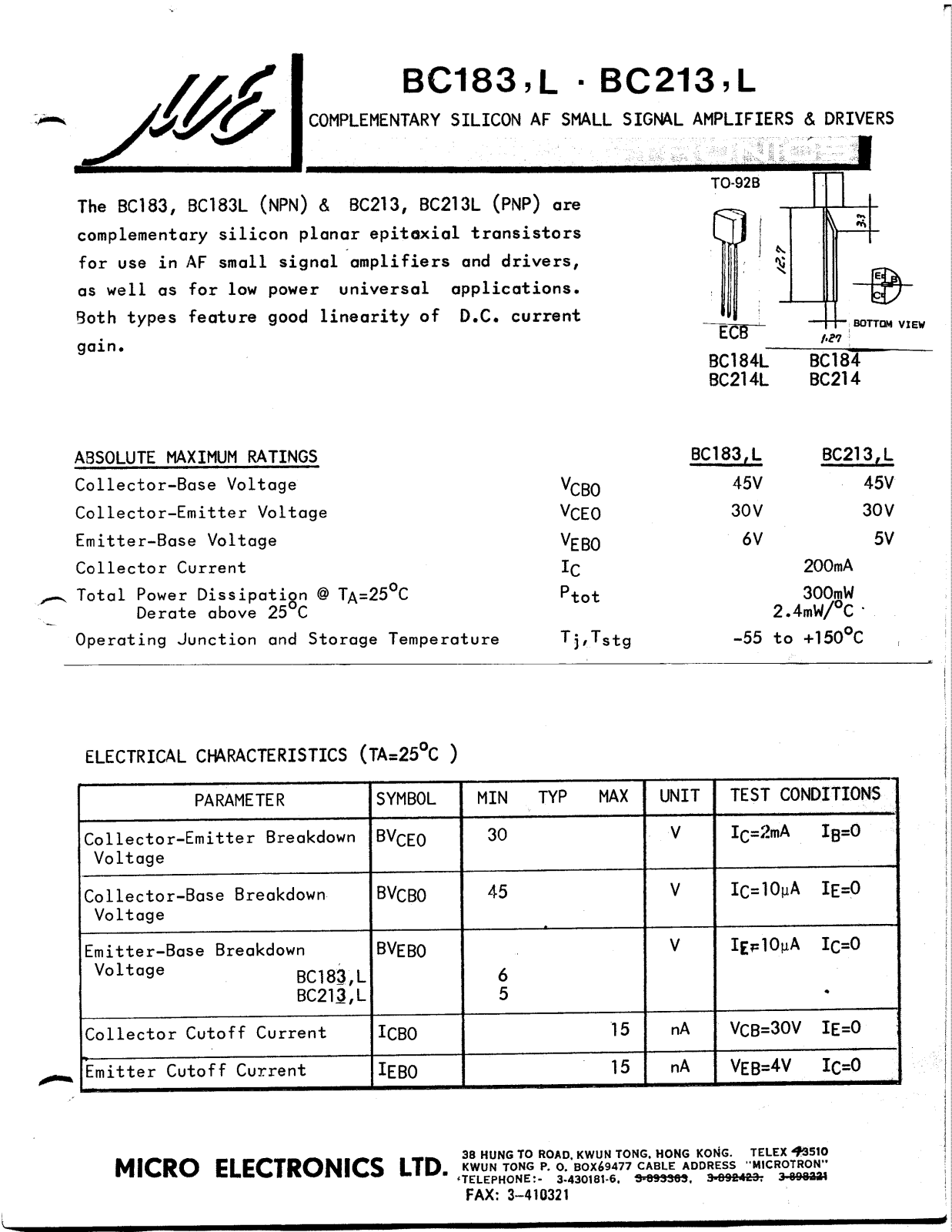 ME BC213L, BC213, BC183L, BC183 Datasheet