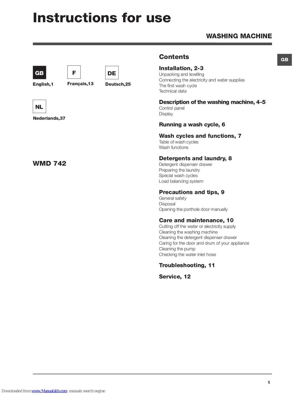 Hotpoint WMD 742 Instructions For Use Manual