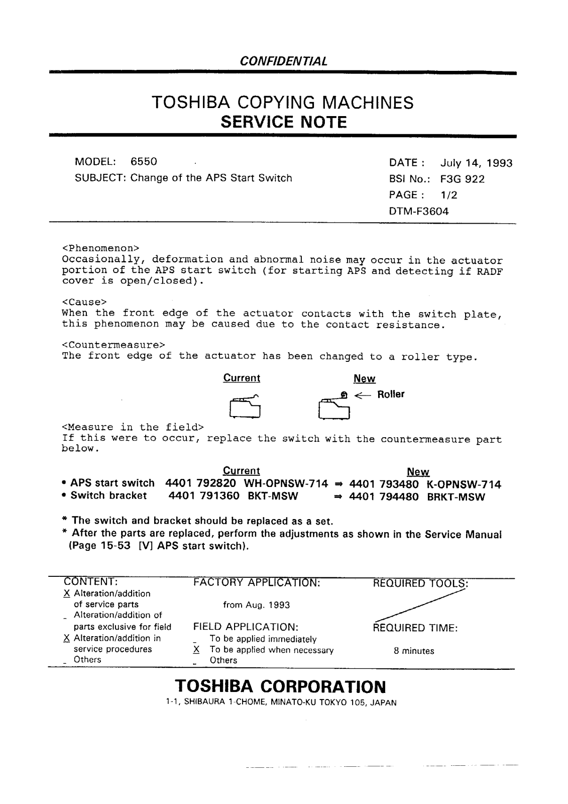 Toshiba f3g922 Service Note