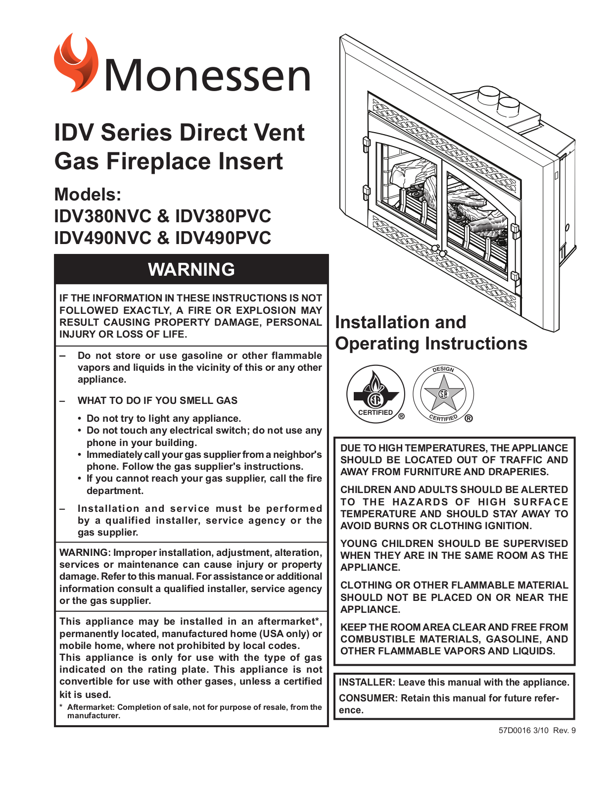 Monessen Hearth IDV490NVC, IDV380PVC, IDV380NVC, IDV490PVC User Manual